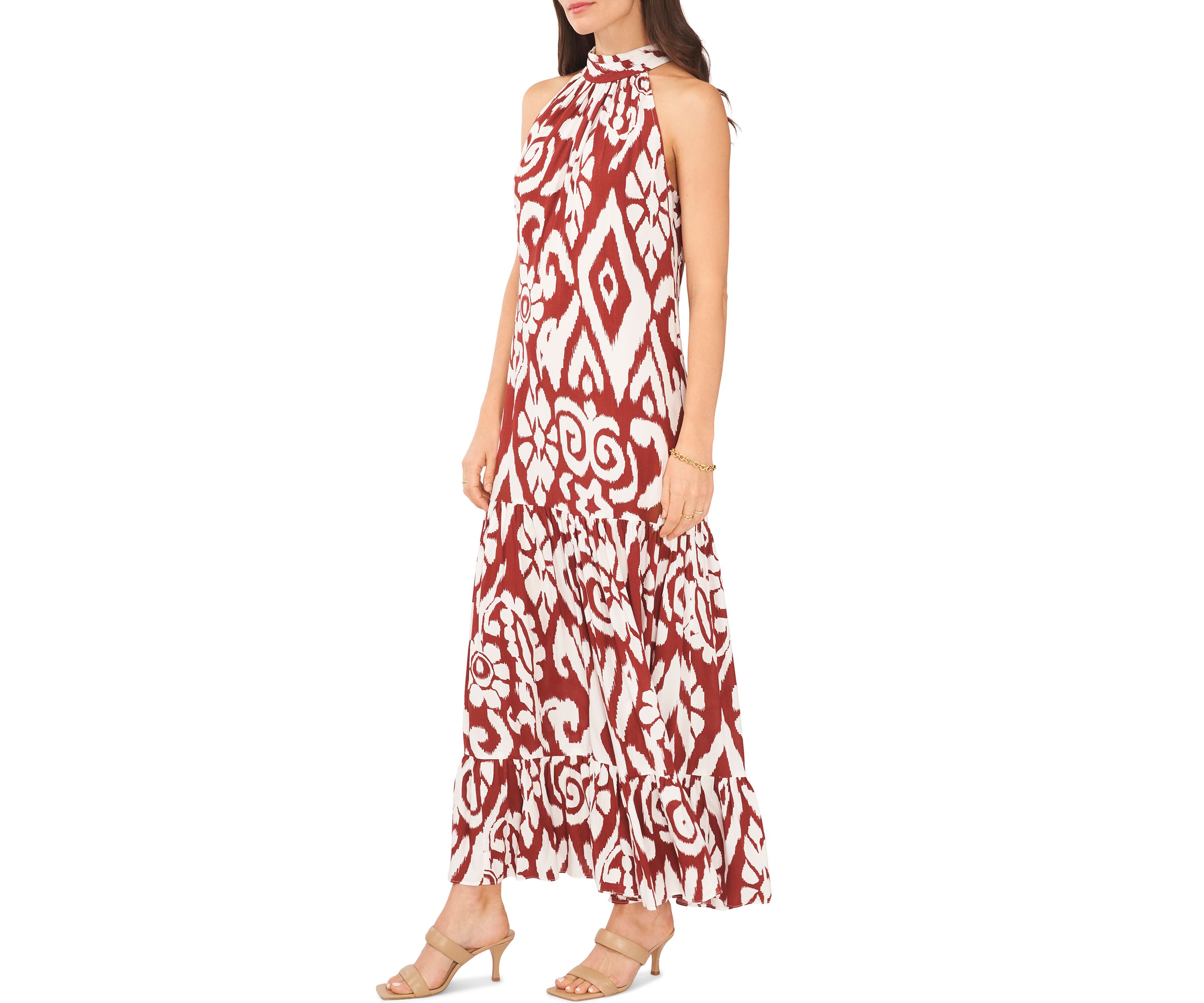 Womens Sleeveless Mock Neck Printed Maxi Dress