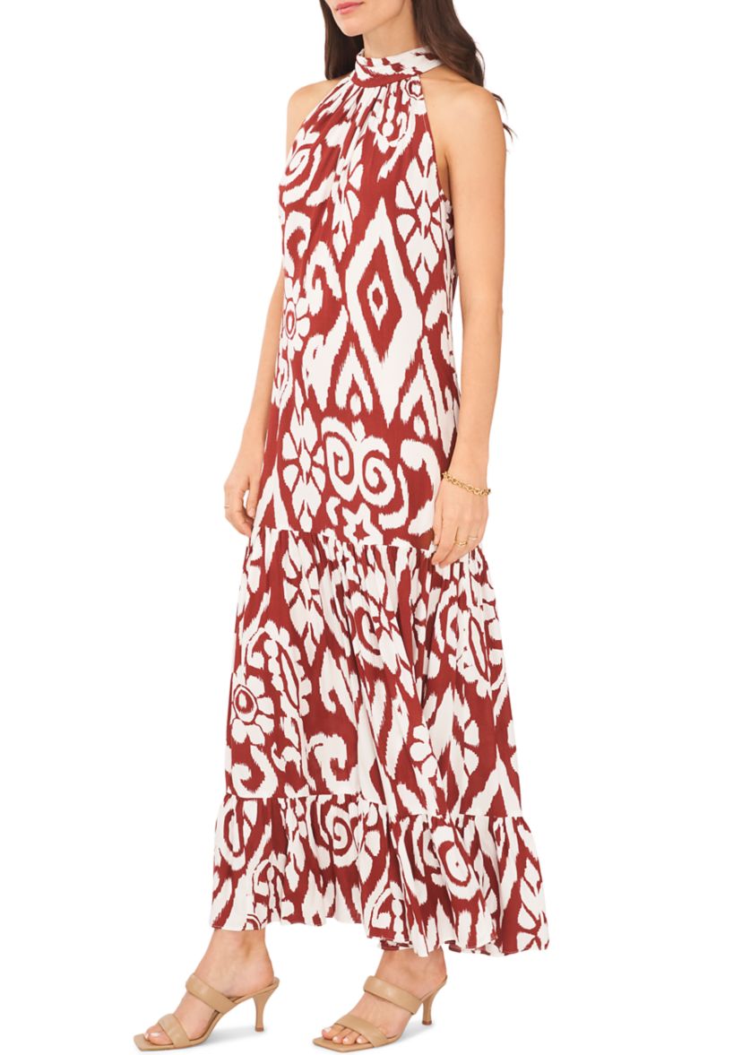 Womens Sleeveless Mock Neck Printed Maxi Dress