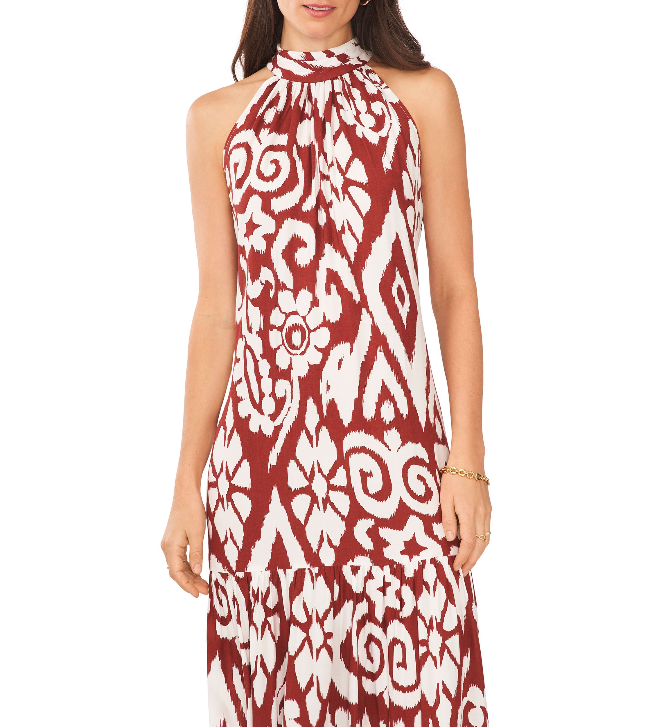 Womens Sleeveless Mock Neck Printed Maxi Dress