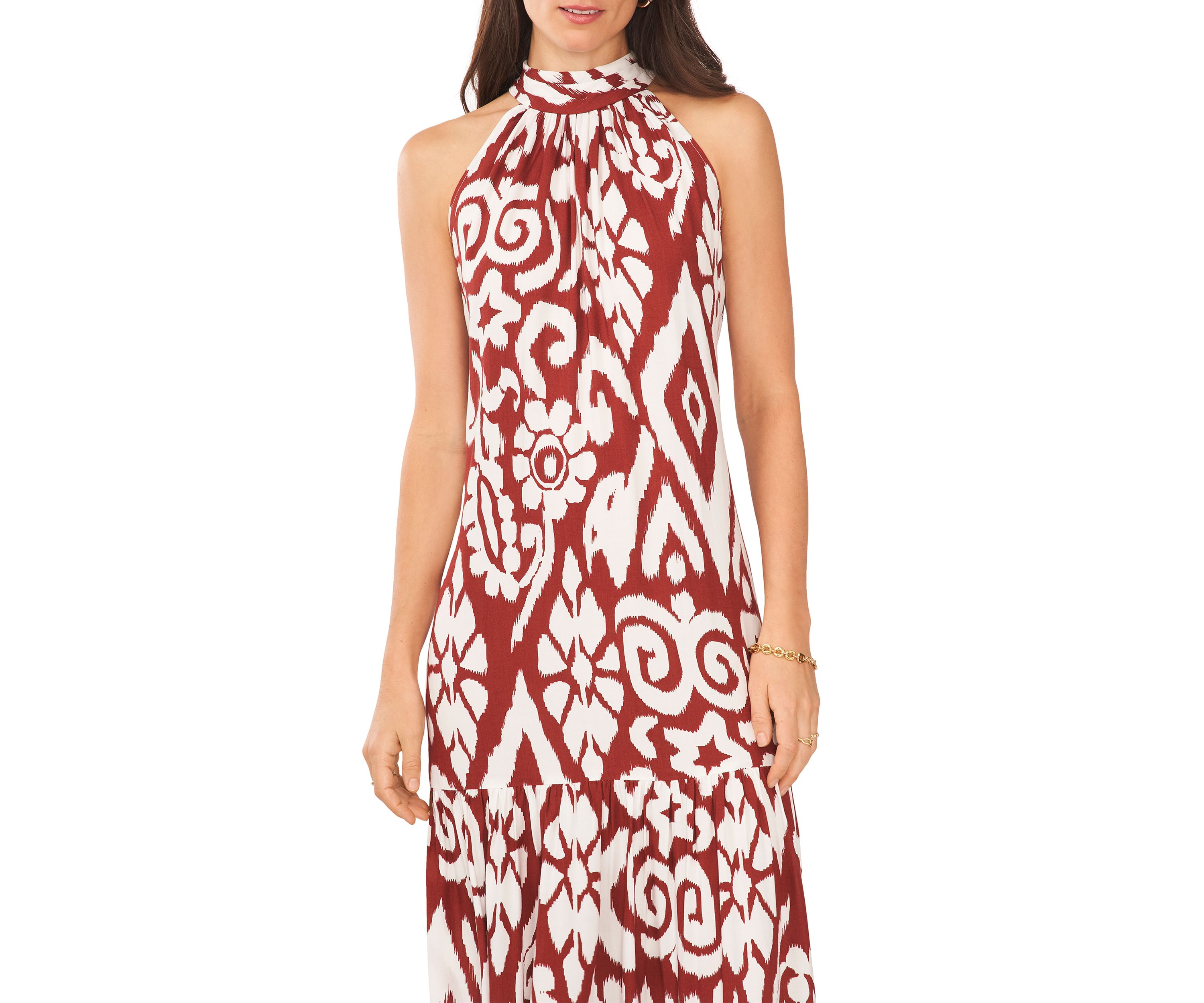 Womens Sleeveless Mock Neck Printed Maxi Dress