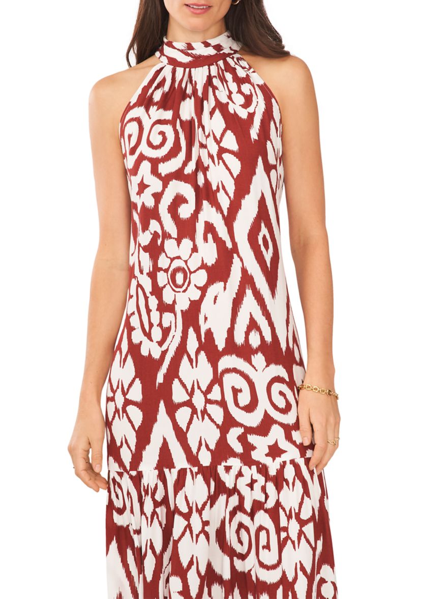 Womens Sleeveless Mock Neck Printed Maxi Dress