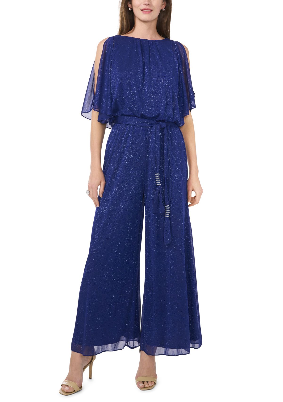 Womens Chiffon Cold Shoulder Glitter Jumpsuit