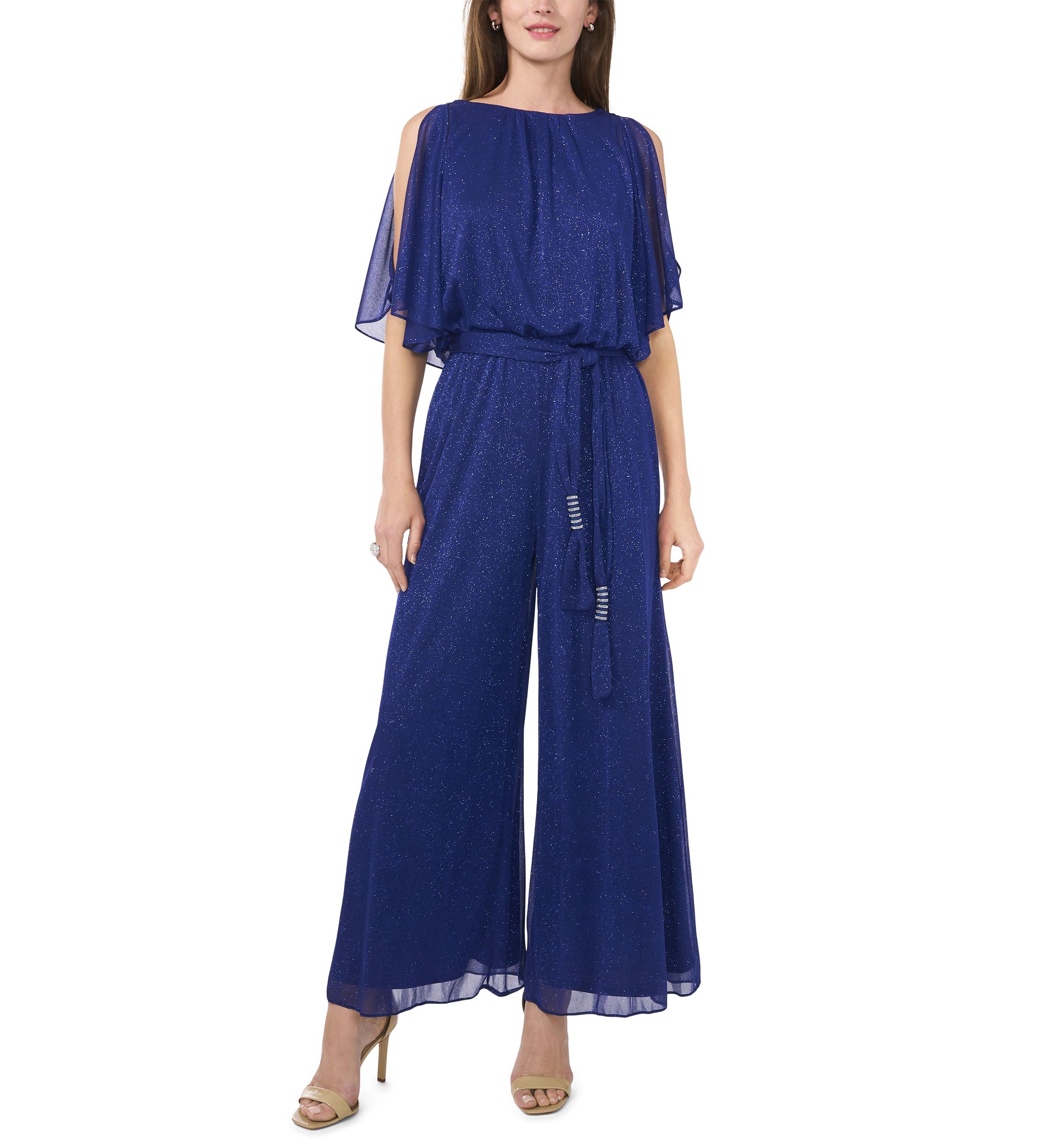 Womens Chiffon Cold Shoulder Glitter Jumpsuit