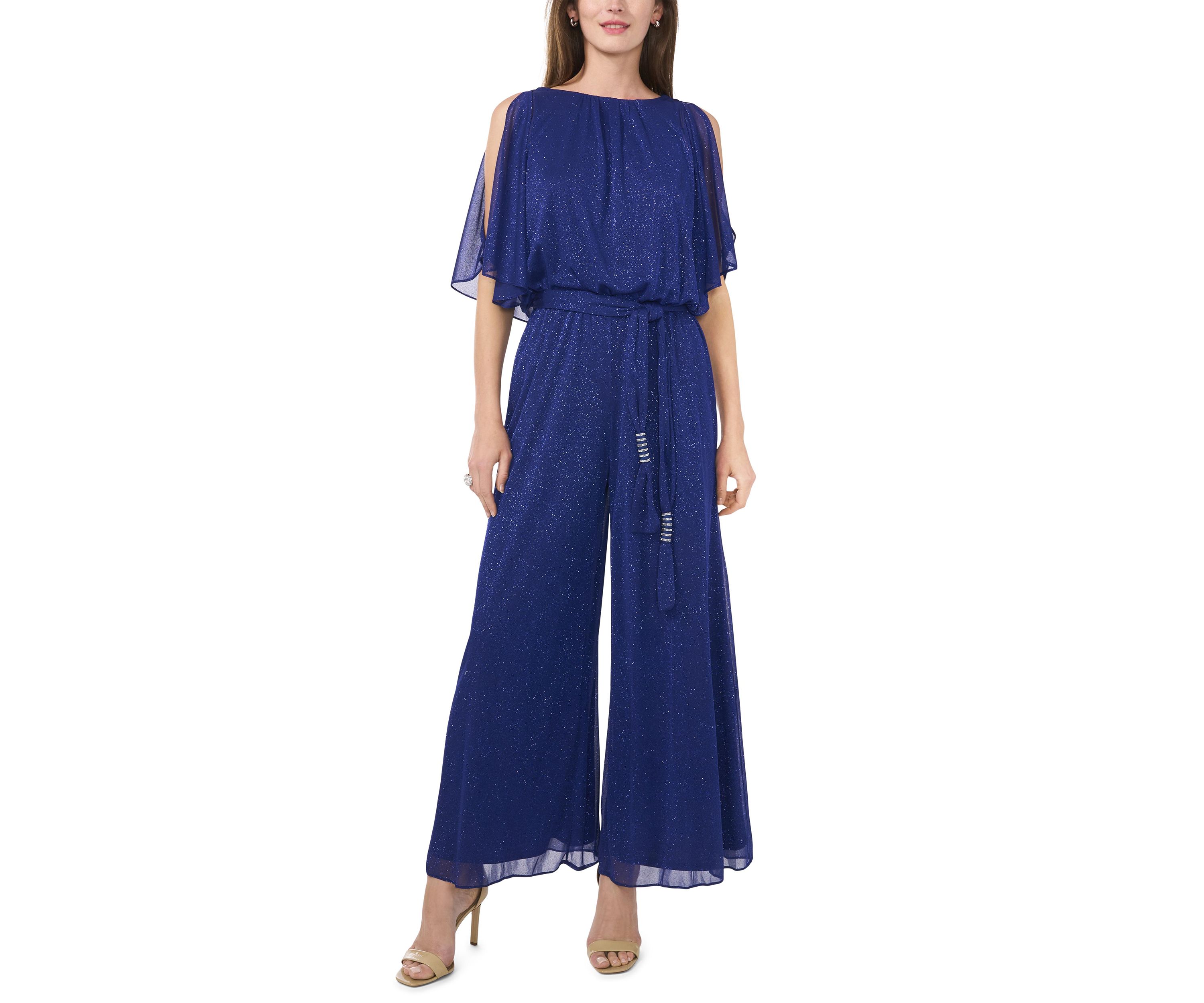 Womens Chiffon Cold Shoulder Glitter Jumpsuit