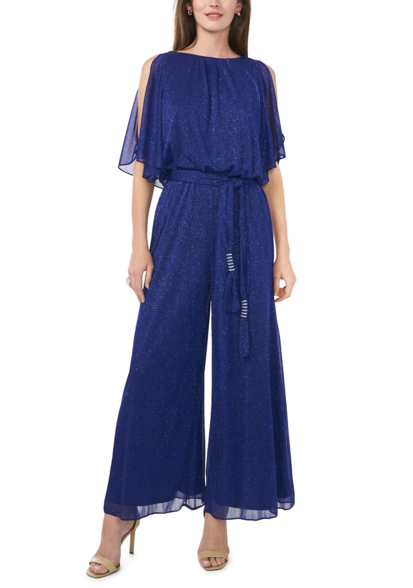 Womens Chiffon Cold Shoulder Glitter Jumpsuit