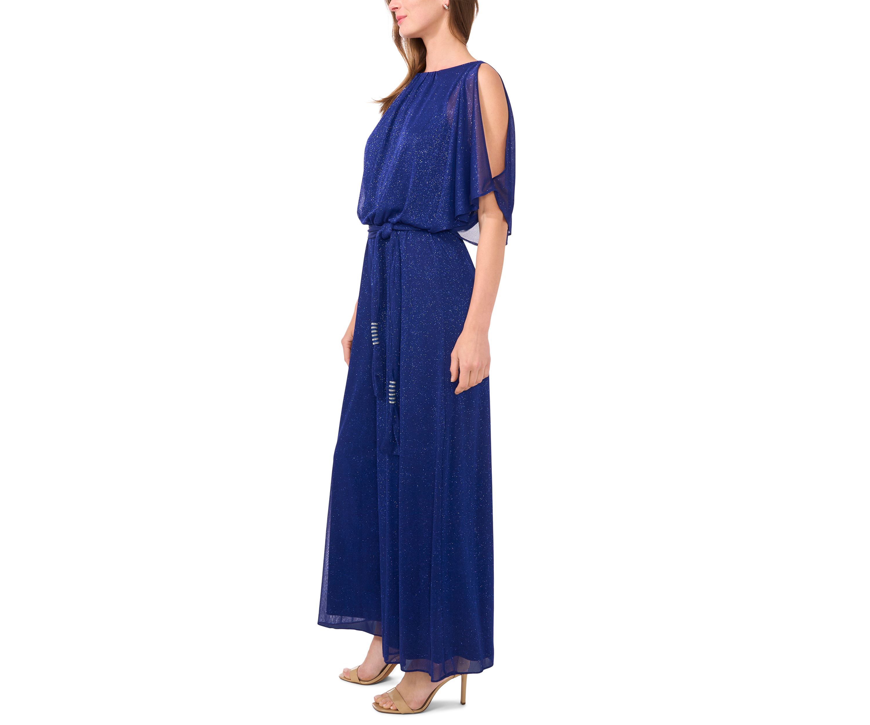 Womens Chiffon Cold Shoulder Glitter Jumpsuit