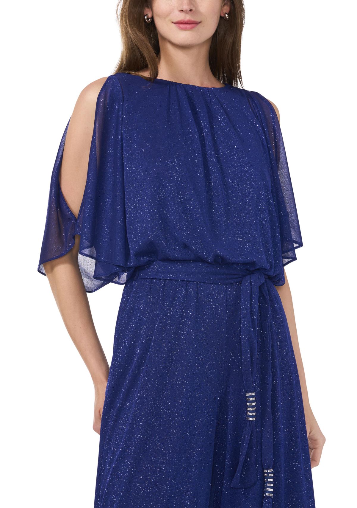 Womens Chiffon Cold Shoulder Glitter Jumpsuit