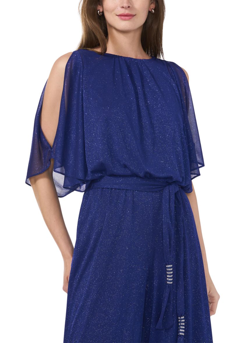 Womens Chiffon Cold Shoulder Glitter Jumpsuit
