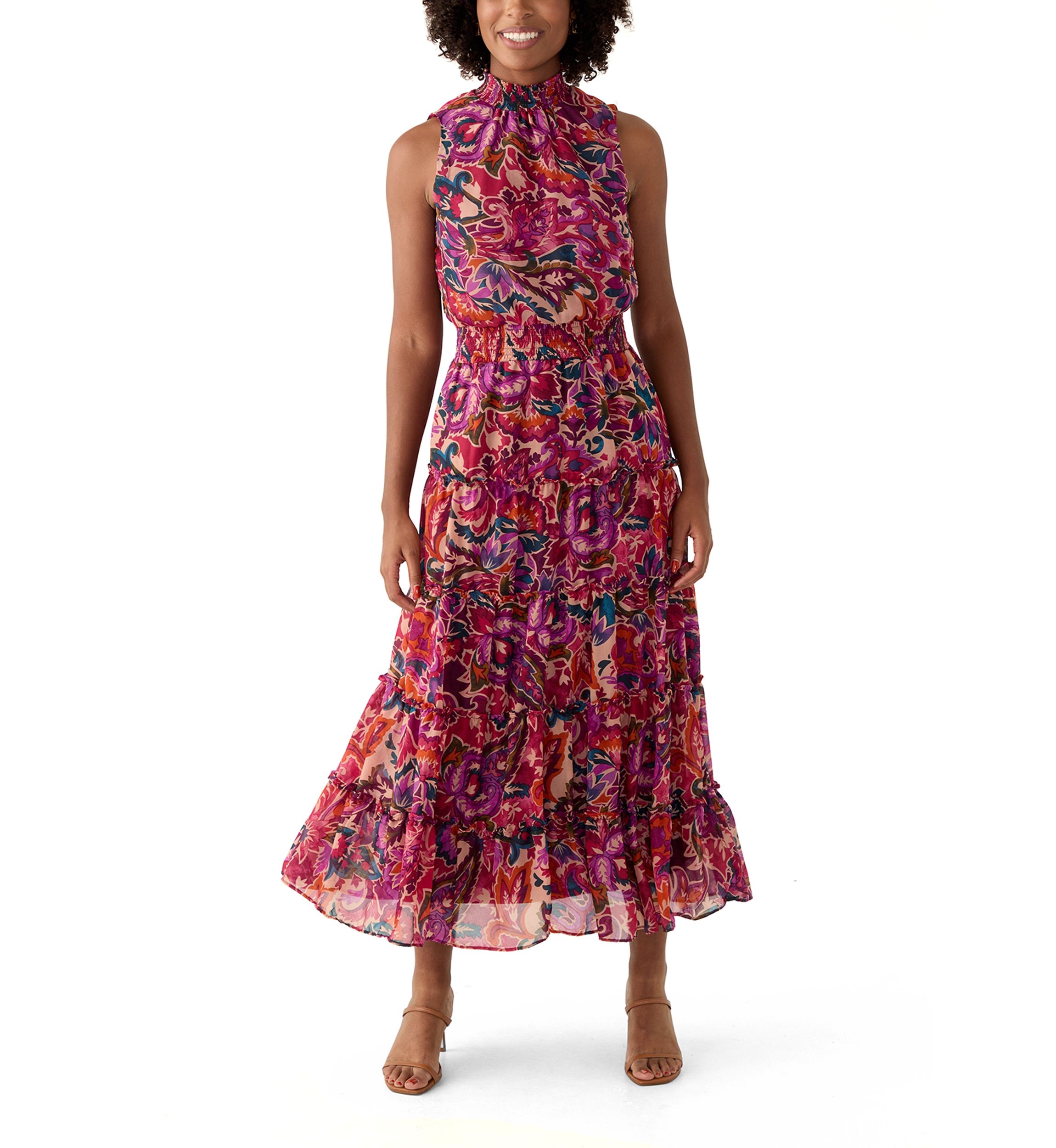 Womens Sleeveless Mock Neck Paisley Print Belted Chiffon Midi Fit and Flare Dress