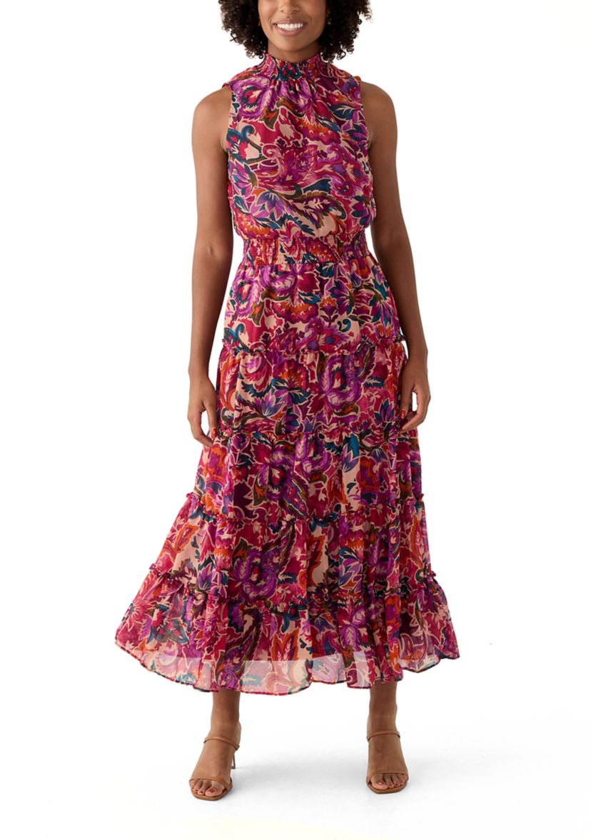 Womens Sleeveless Mock Neck Paisley Print Belted Chiffon Midi Fit and Flare Dress