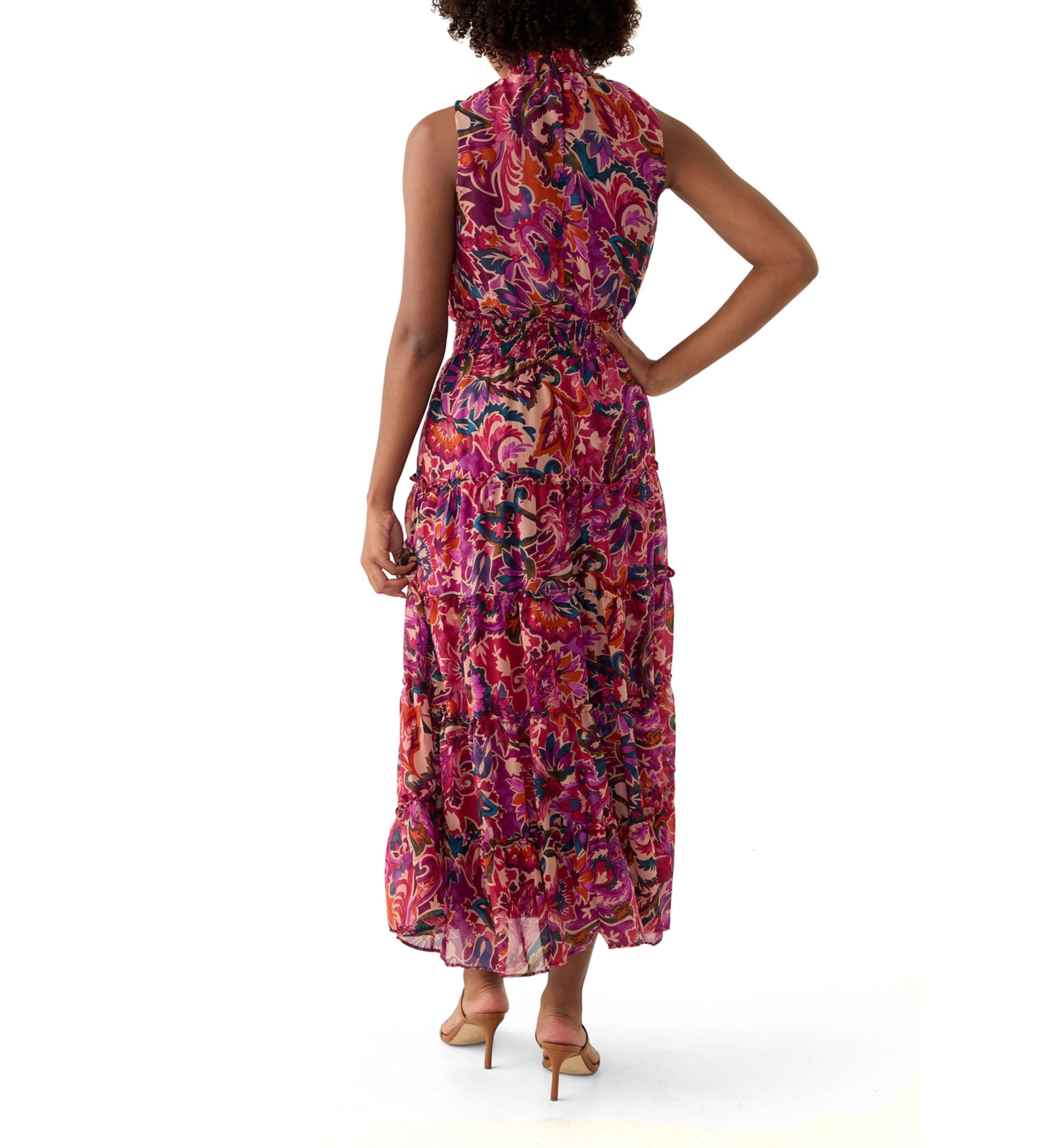 Womens Sleeveless Mock Neck Paisley Print Belted Chiffon Midi Fit and Flare Dress