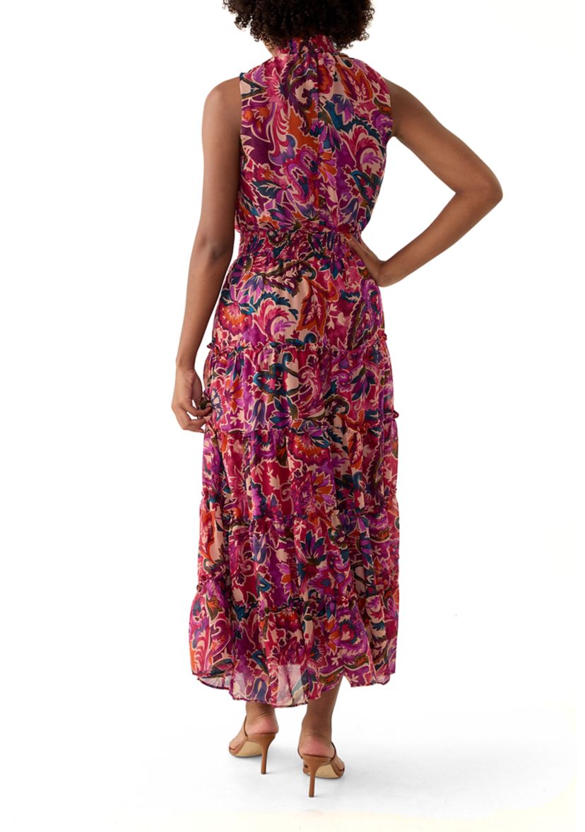 Womens Sleeveless Mock Neck Paisley Print Belted Chiffon Midi Fit and Flare Dress