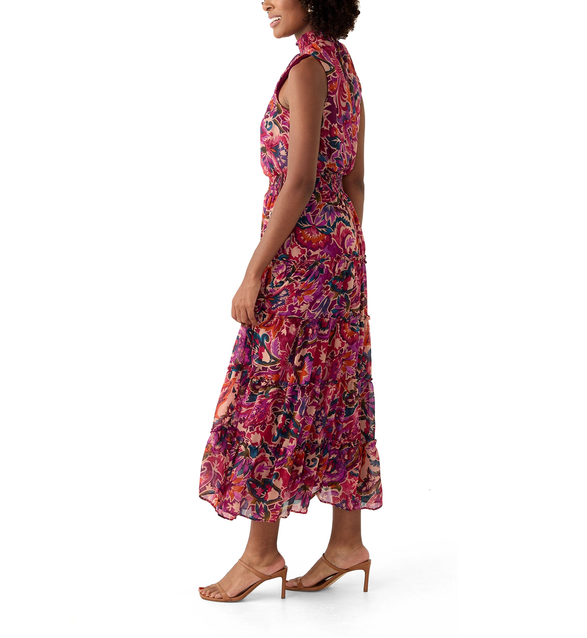 Womens Sleeveless Mock Neck Paisley Print Belted Chiffon Midi Fit and Flare Dress