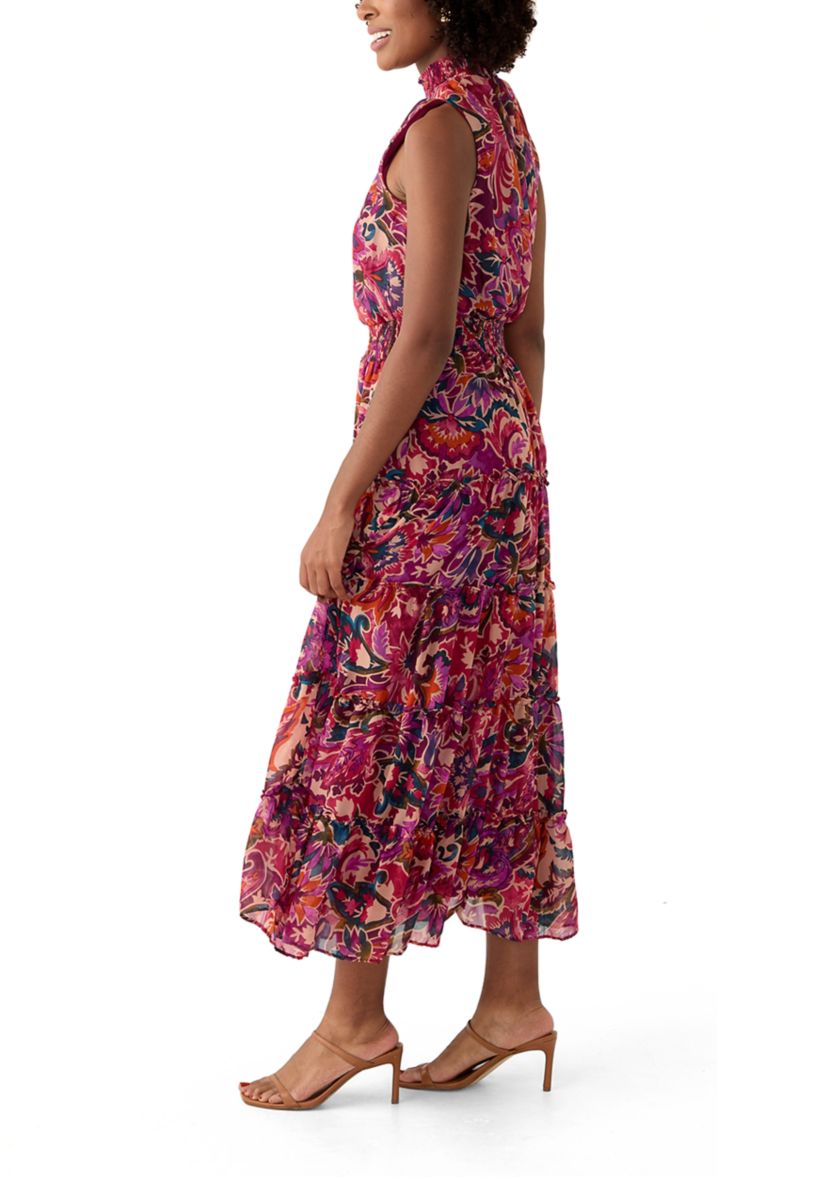 Womens Sleeveless Mock Neck Paisley Print Belted Chiffon Midi Fit and Flare Dress