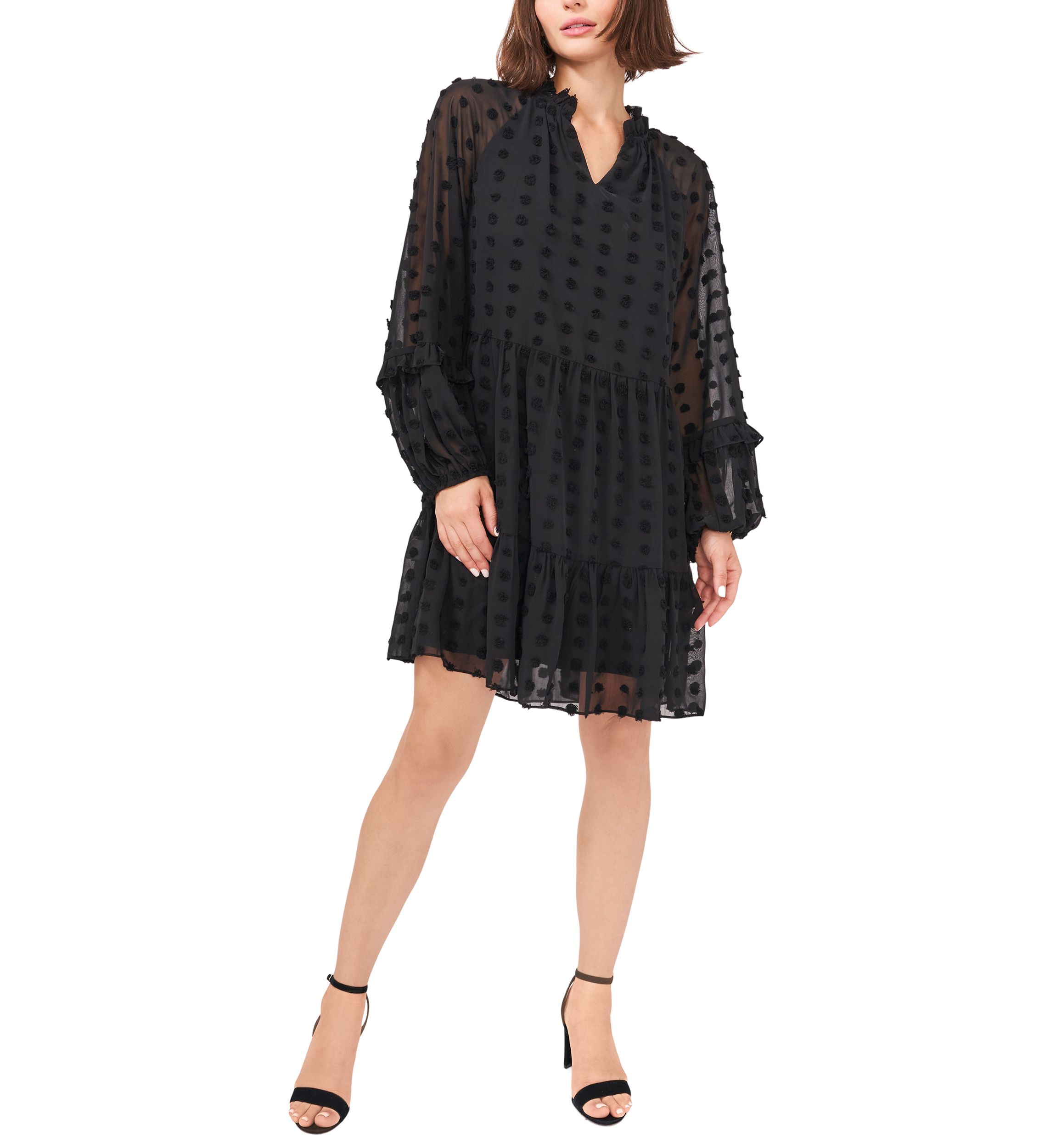 Womens Long Balloon Sleeve Clip Dot Babydoll Dress