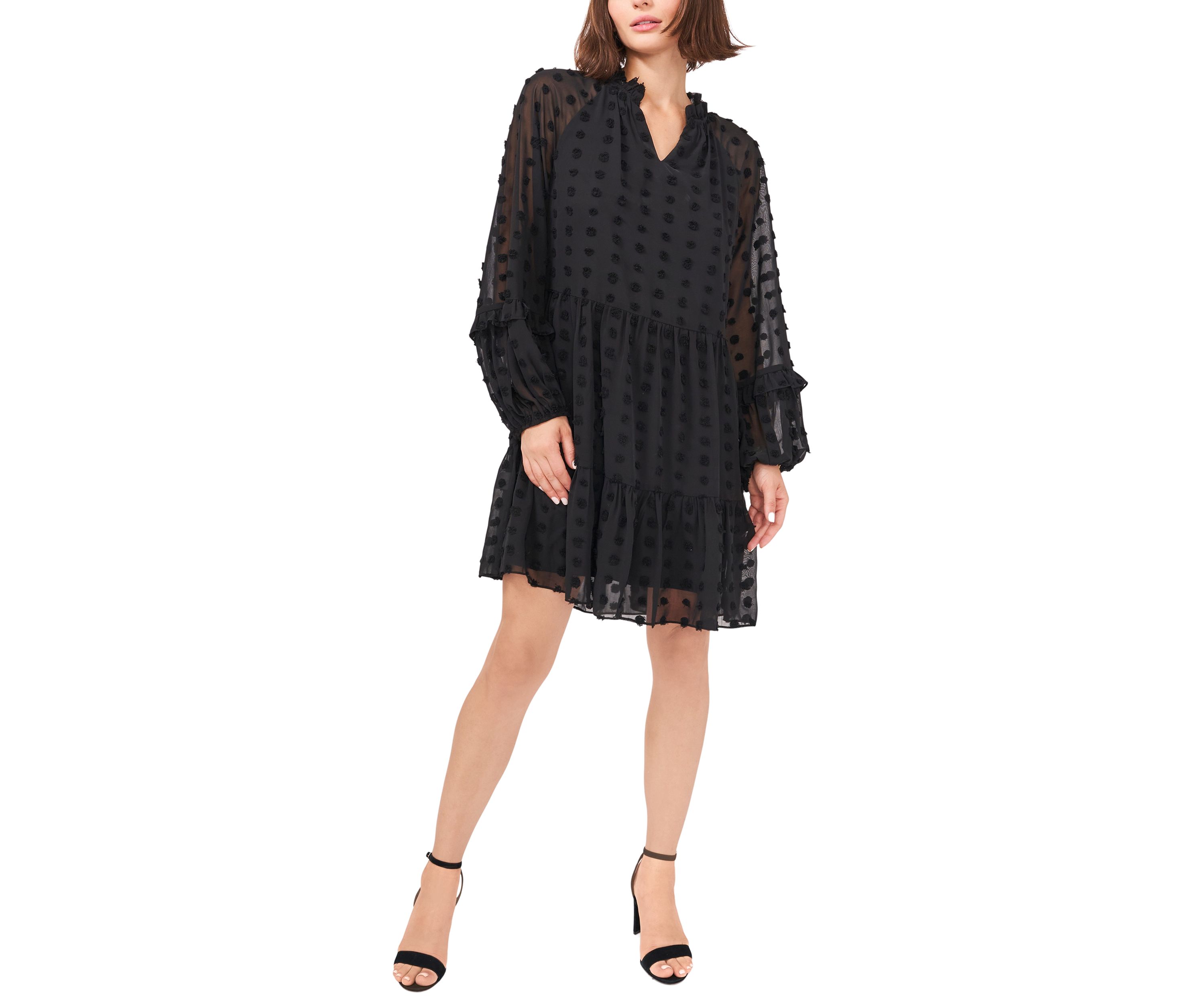 Womens Long Balloon Sleeve Clip Dot Babydoll Dress