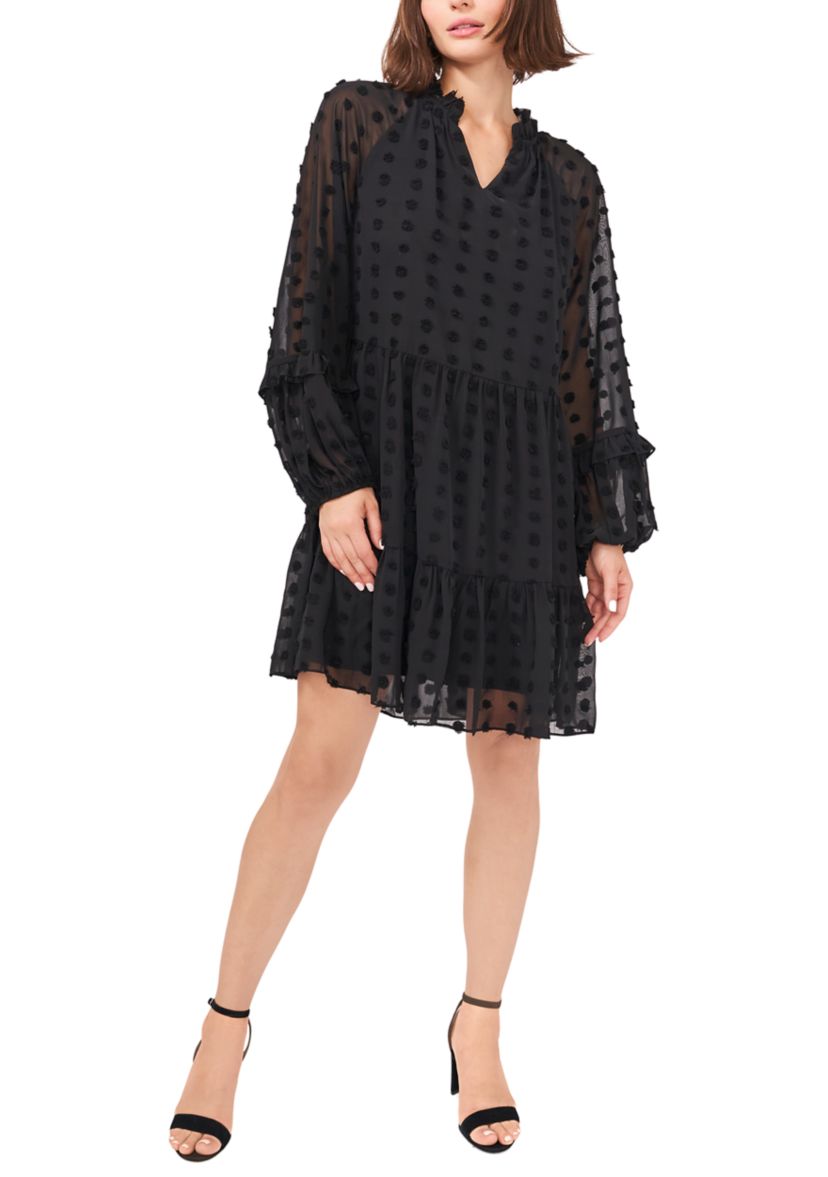 Womens Long Balloon Sleeve Clip Dot Babydoll Dress