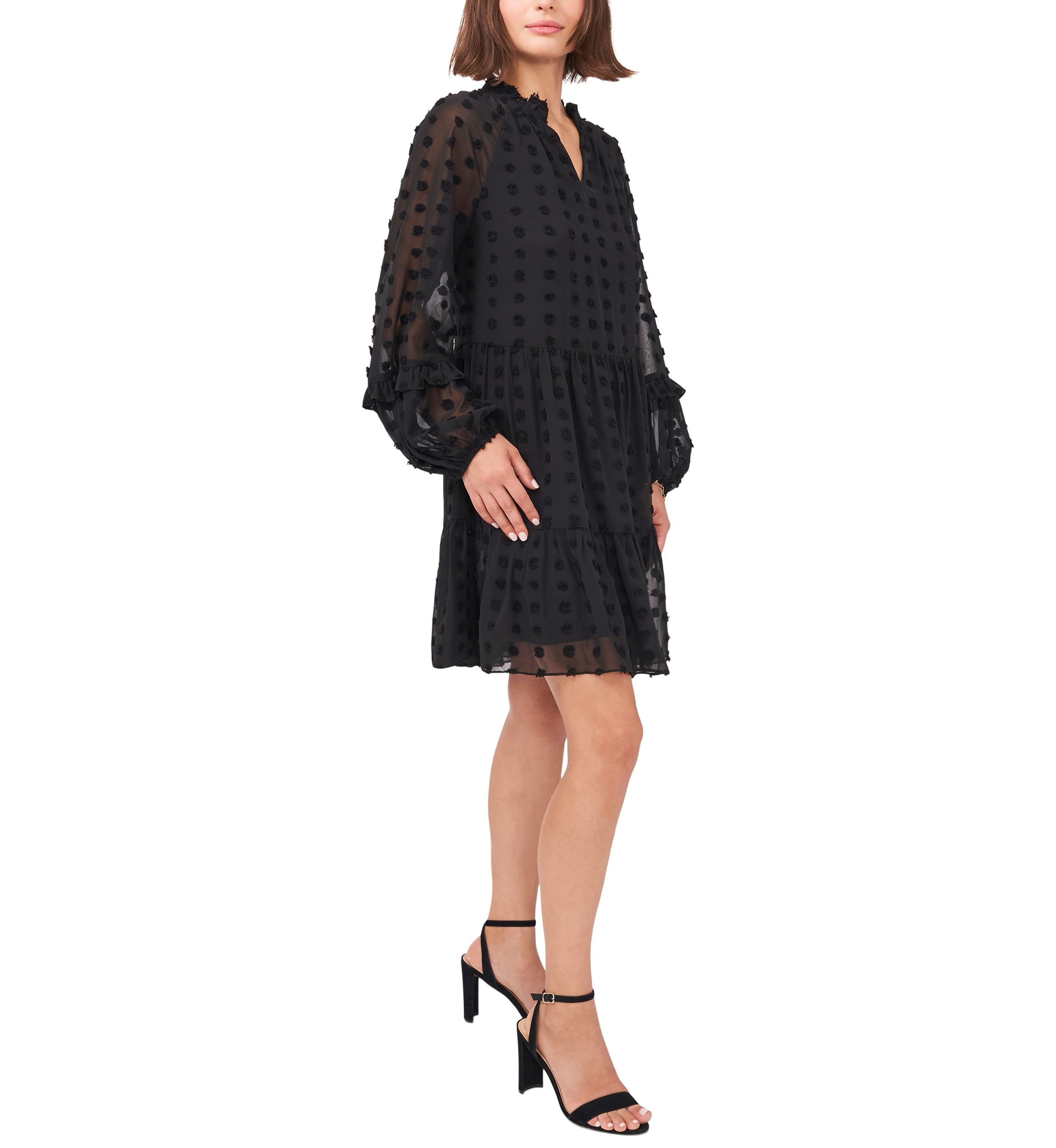 Womens Long Balloon Sleeve Clip Dot Babydoll Dress