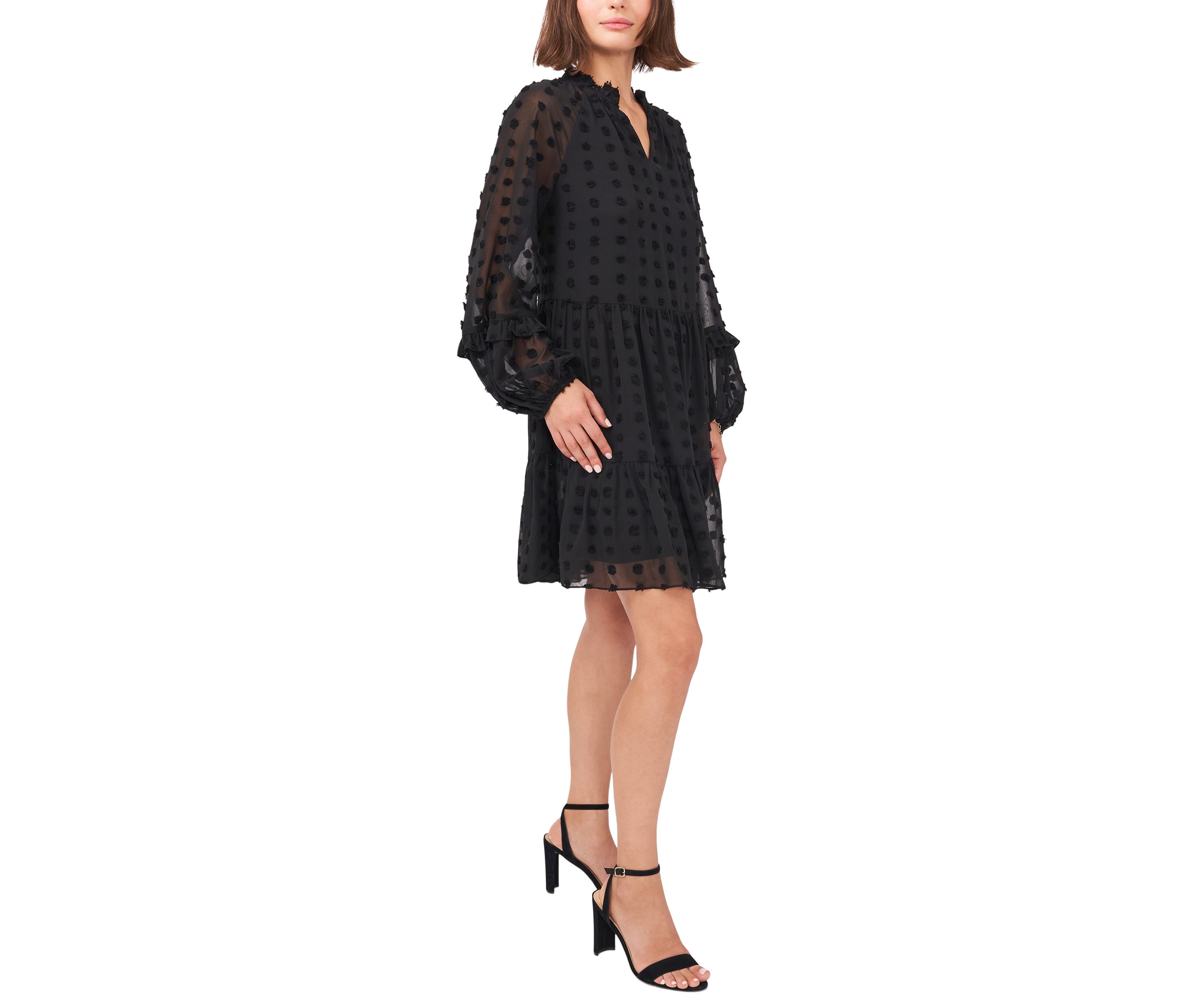 Womens Long Balloon Sleeve Clip Dot Babydoll Dress
