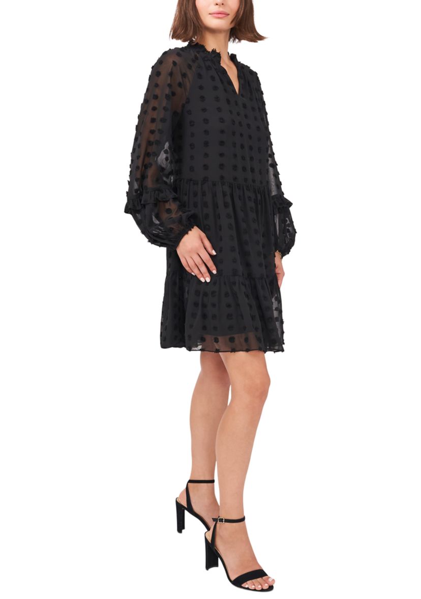 Womens Long Balloon Sleeve Clip Dot Babydoll Dress