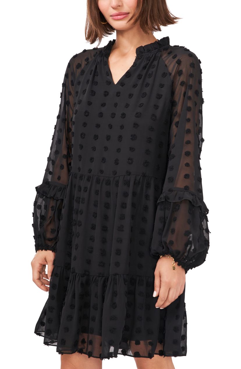 Womens Long Balloon Sleeve Clip Dot Babydoll Dress