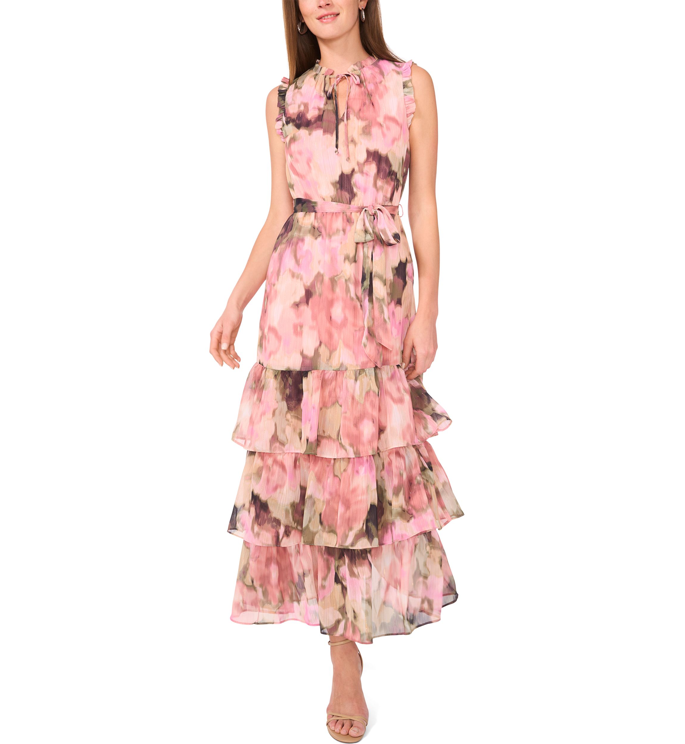 Womens Sleeveless Tie Neck Floral Print Chiffon Maxi Dress
