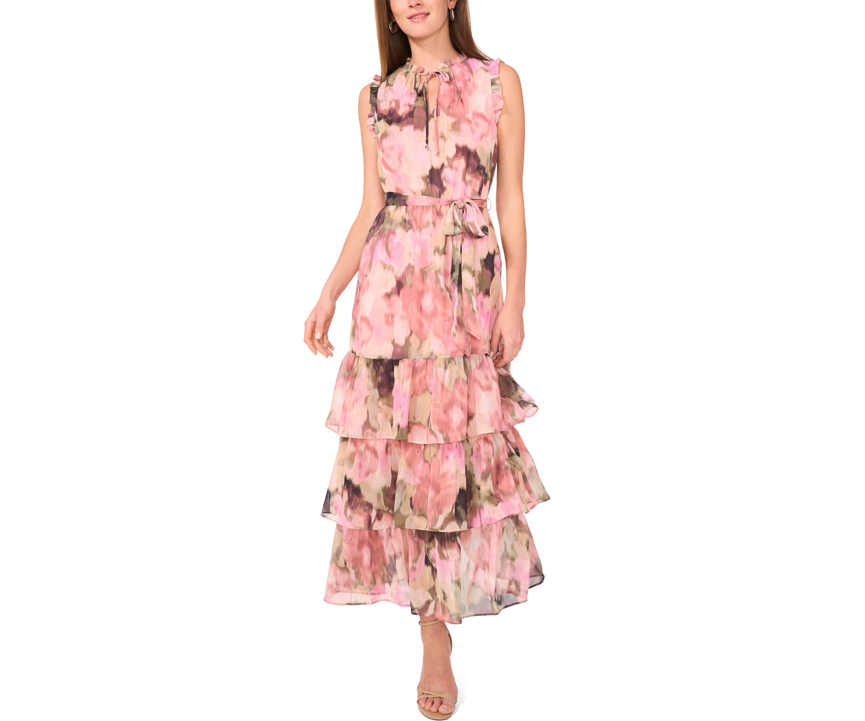Womens Sleeveless Tie Neck Floral Print Chiffon Maxi Dress