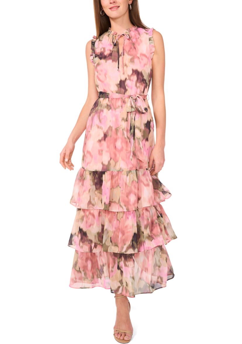 Womens Sleeveless Tie Neck Floral Print Chiffon Maxi Dress