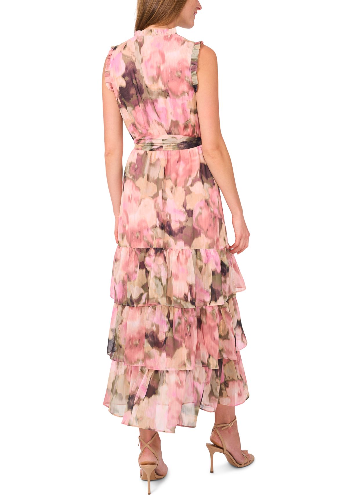 Womens Sleeveless Tie Neck Floral Print Chiffon Maxi Dress