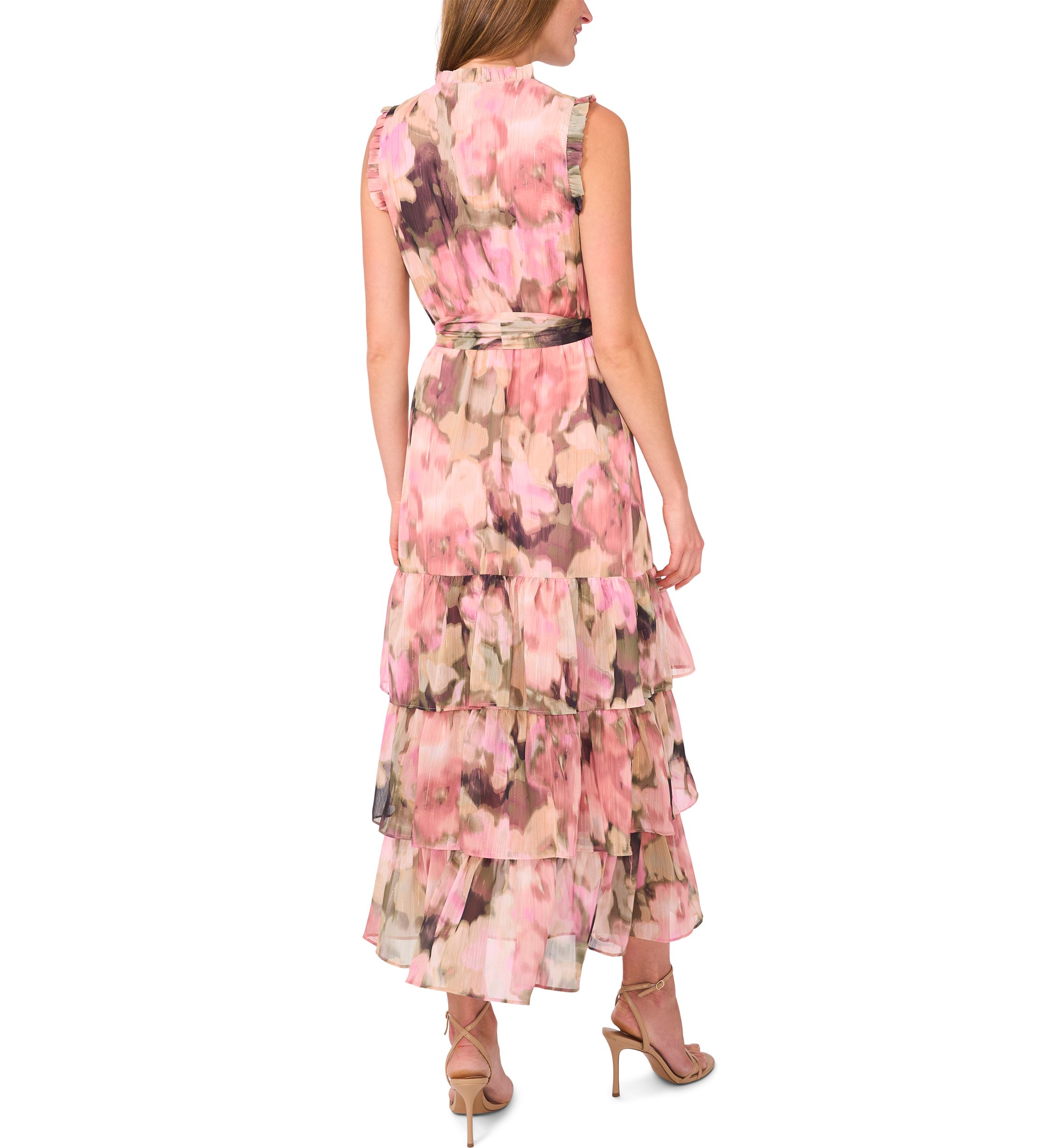 Womens Sleeveless Tie Neck Floral Print Chiffon Maxi Dress