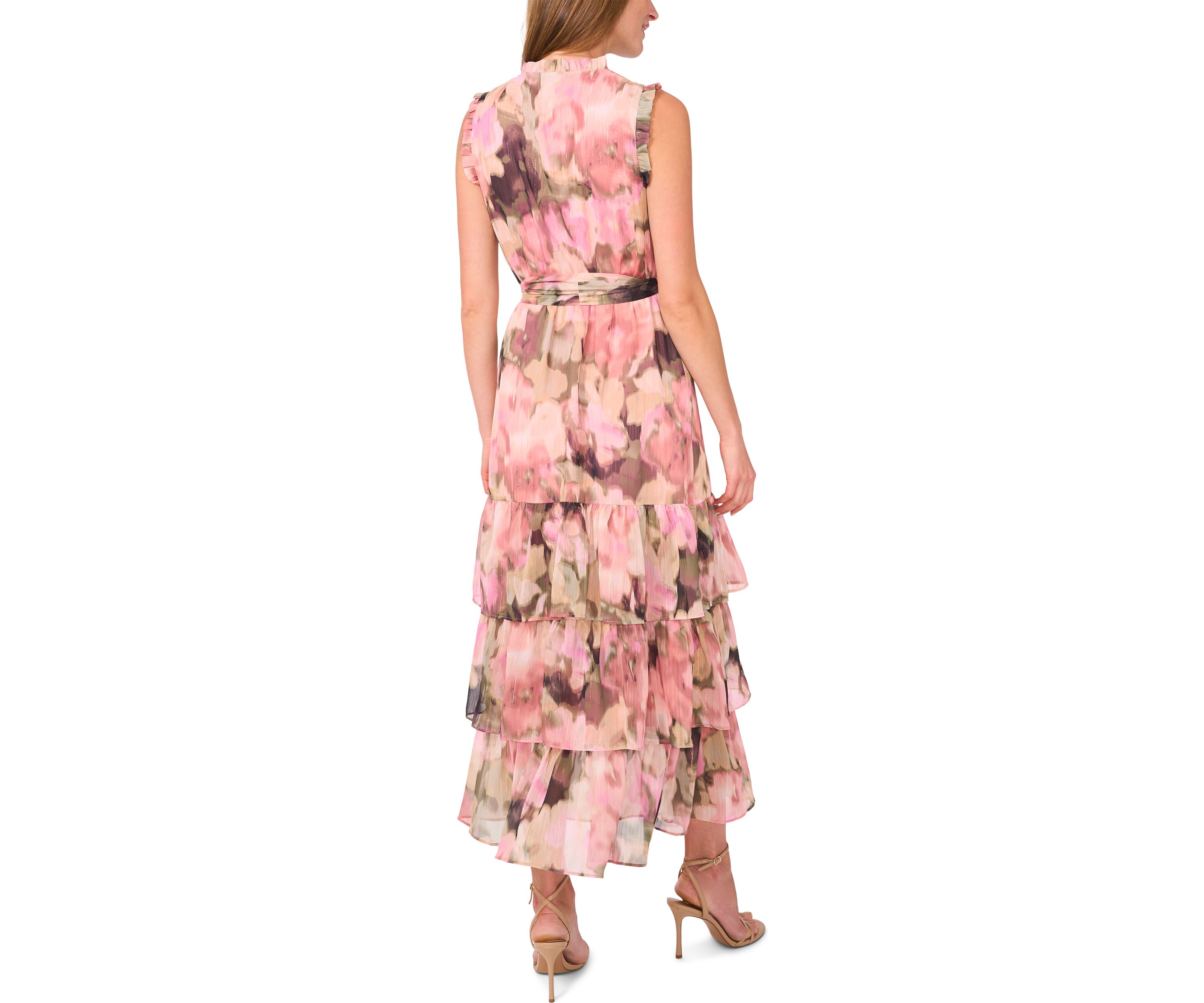 Womens Sleeveless Tie Neck Floral Print Chiffon Maxi Dress