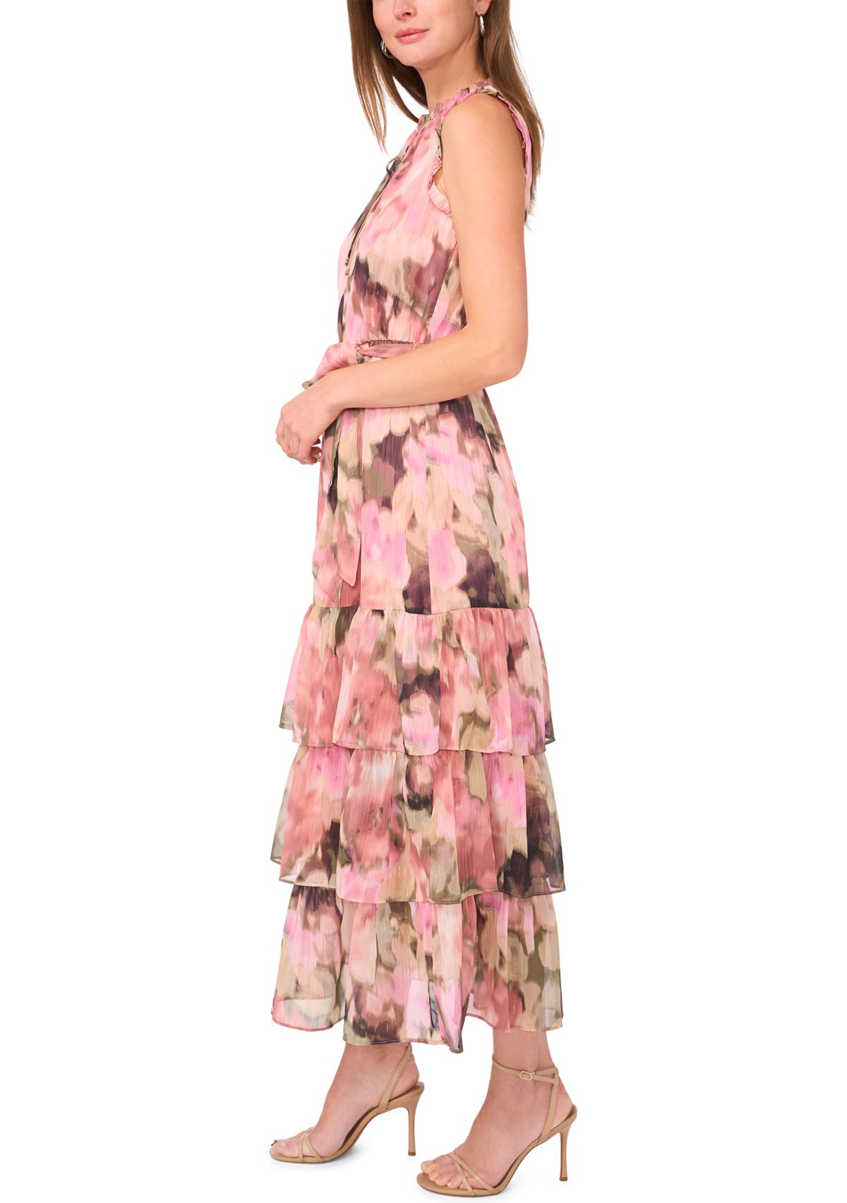 Womens Sleeveless Tie Neck Floral Print Chiffon Maxi Dress