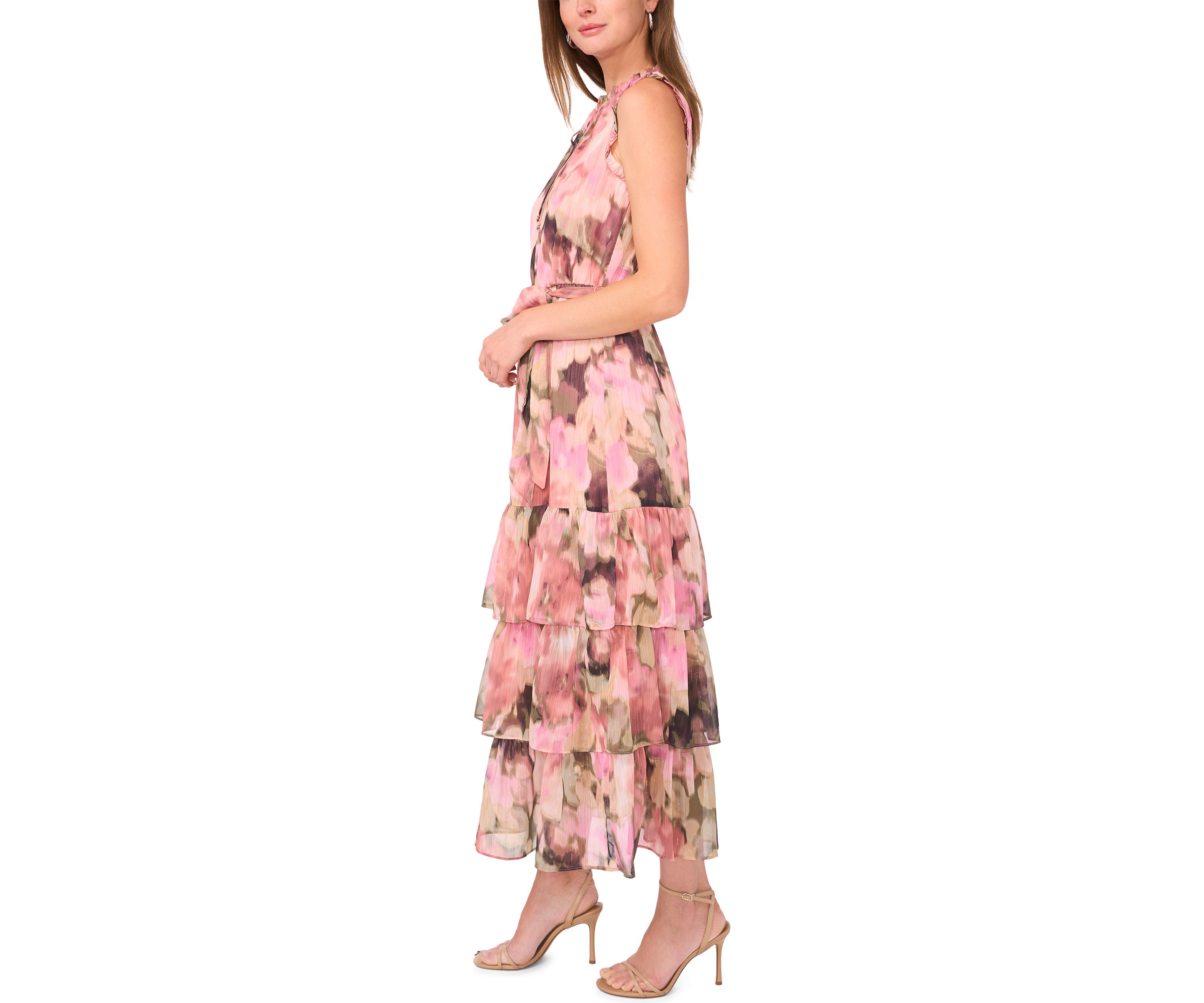 Womens Sleeveless Tie Neck Floral Print Chiffon Maxi Dress