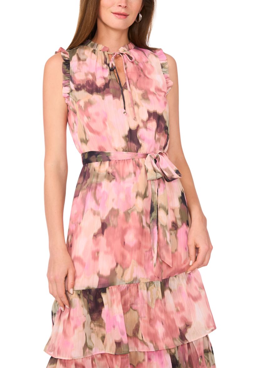 Womens Sleeveless Tie Neck Floral Print Chiffon Maxi Dress