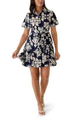 MSK Women's Short Sleeve Printed Shirtdress, Navy Blue, XL