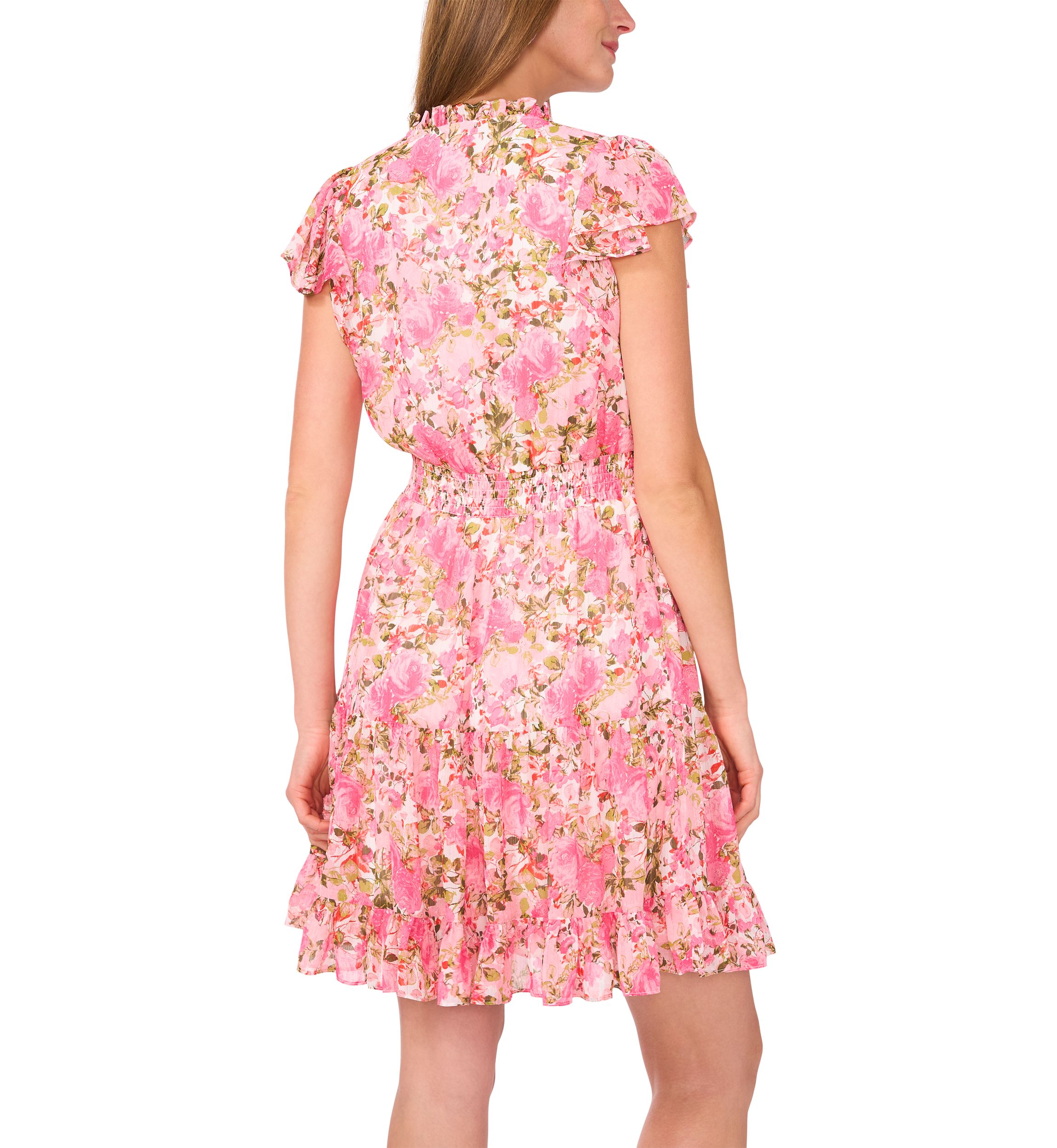Womens Flutter Sleeve Mock Neck Floral Print Dress