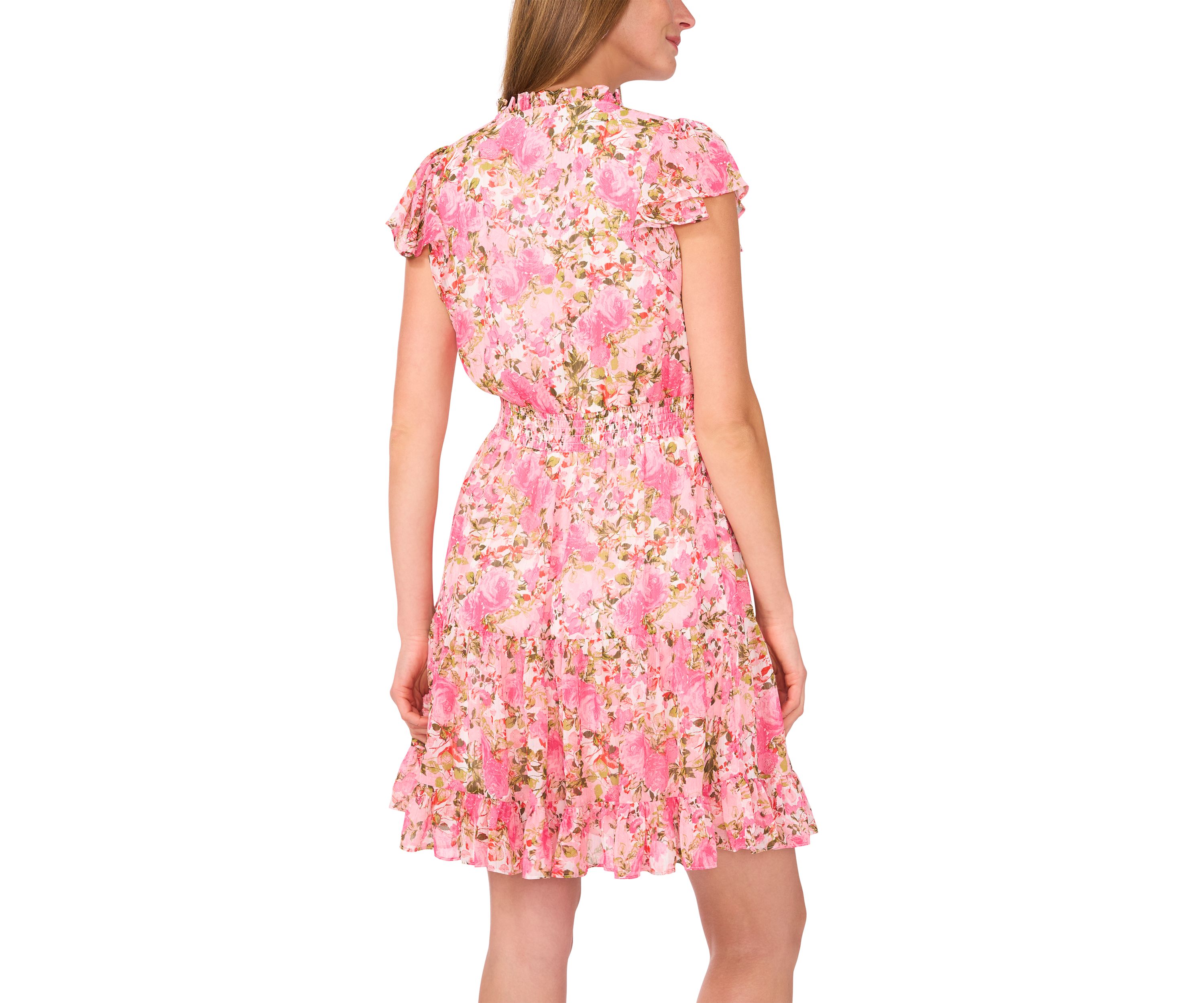 Womens Flutter Sleeve Mock Neck Floral Print Dress