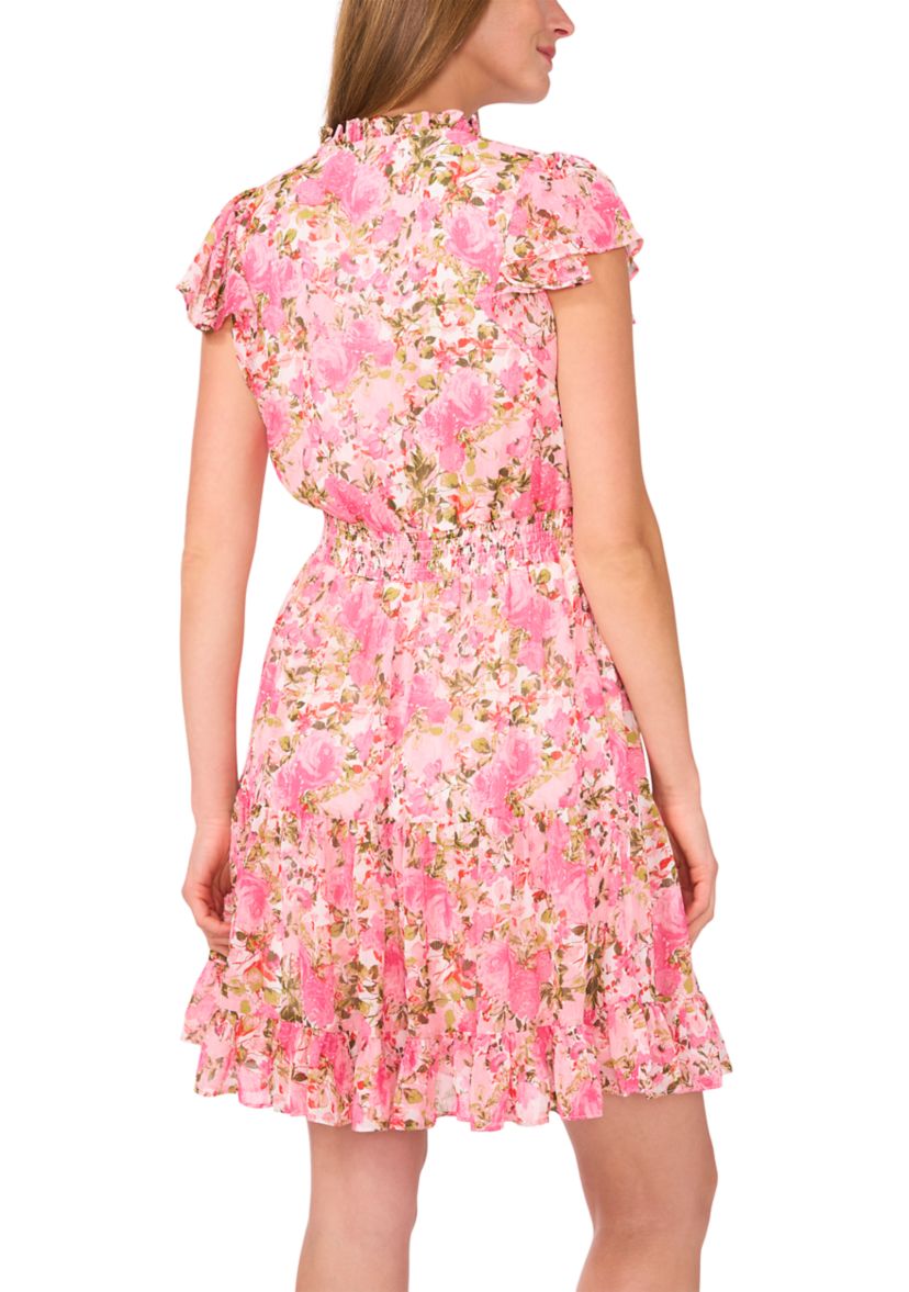 Womens Flutter Sleeve Mock Neck Floral Print Dress
