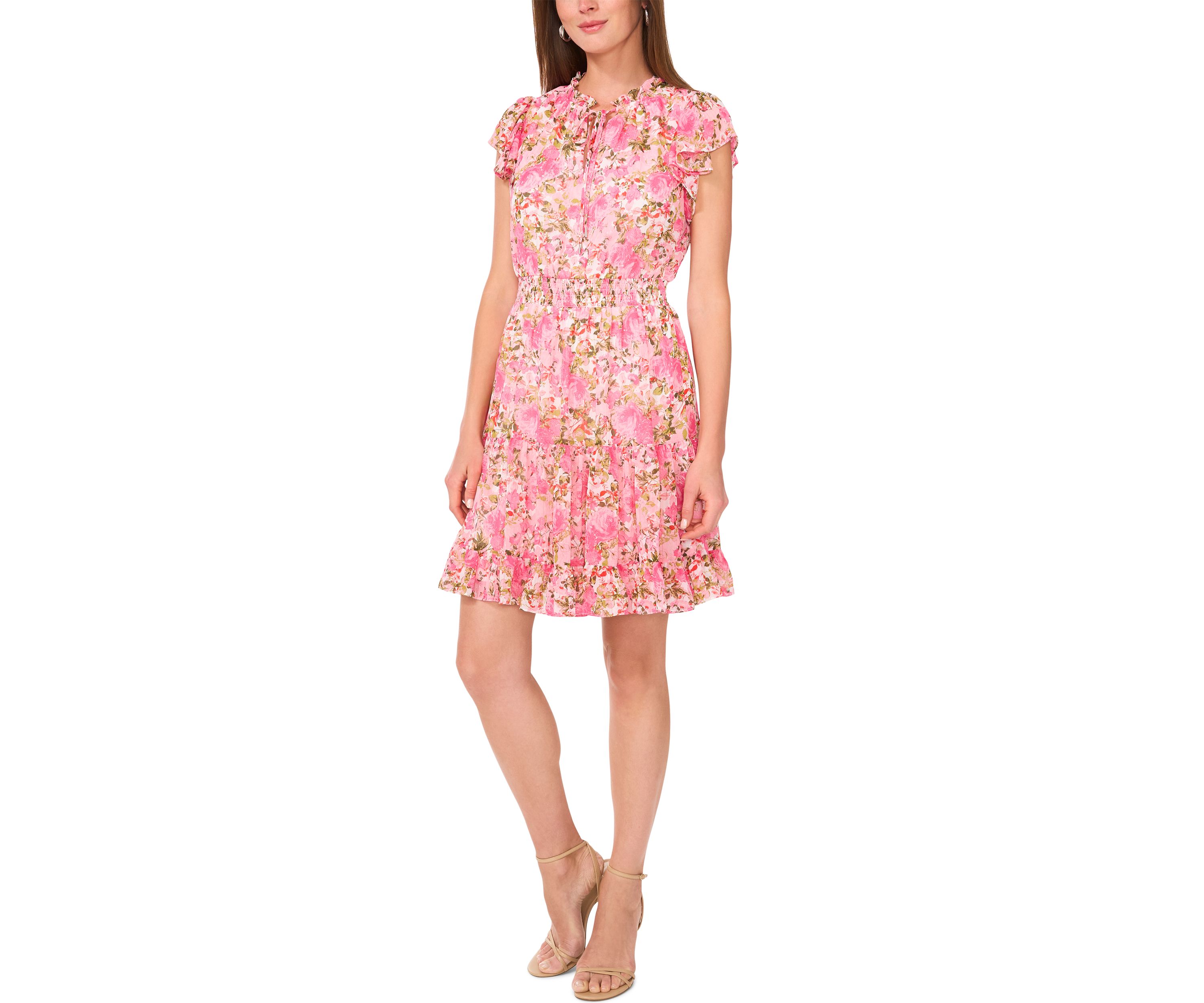 Womens Flutter Sleeve Mock Neck Floral Print Dress