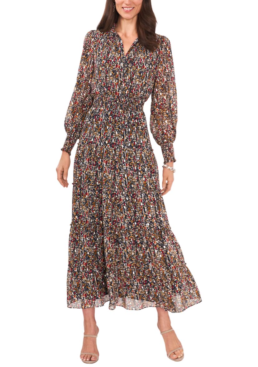 Womens Long Sleeve Mini Geo Foil Print Dress