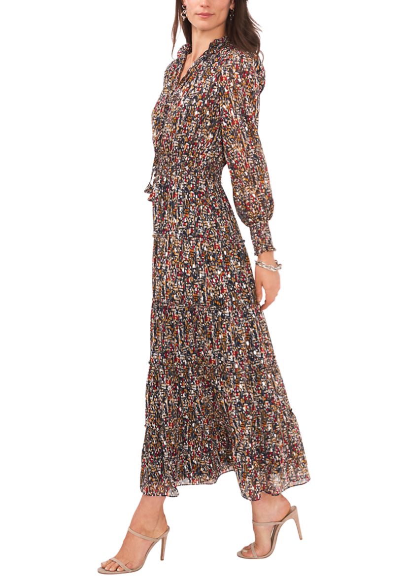 Womens Long Sleeve Mini Geo Foil Print Dress