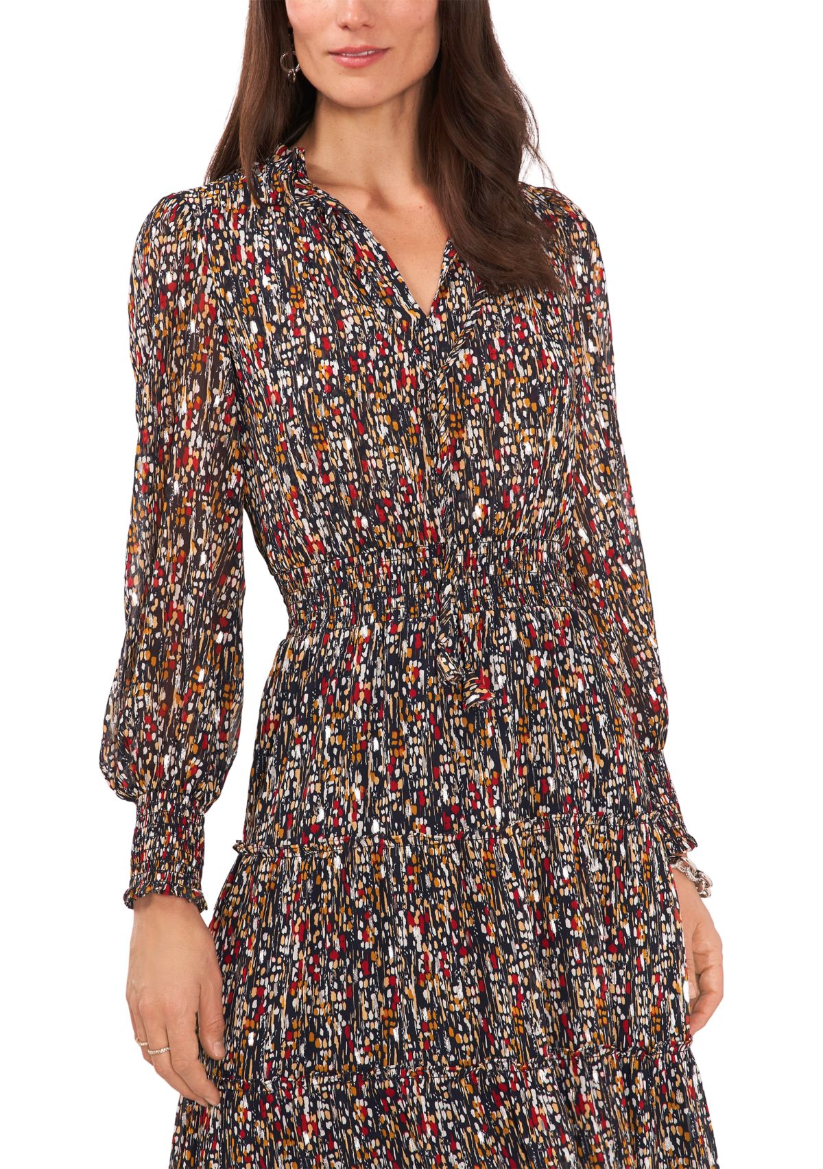 Womens Long Sleeve Mini Geo Foil Print Dress