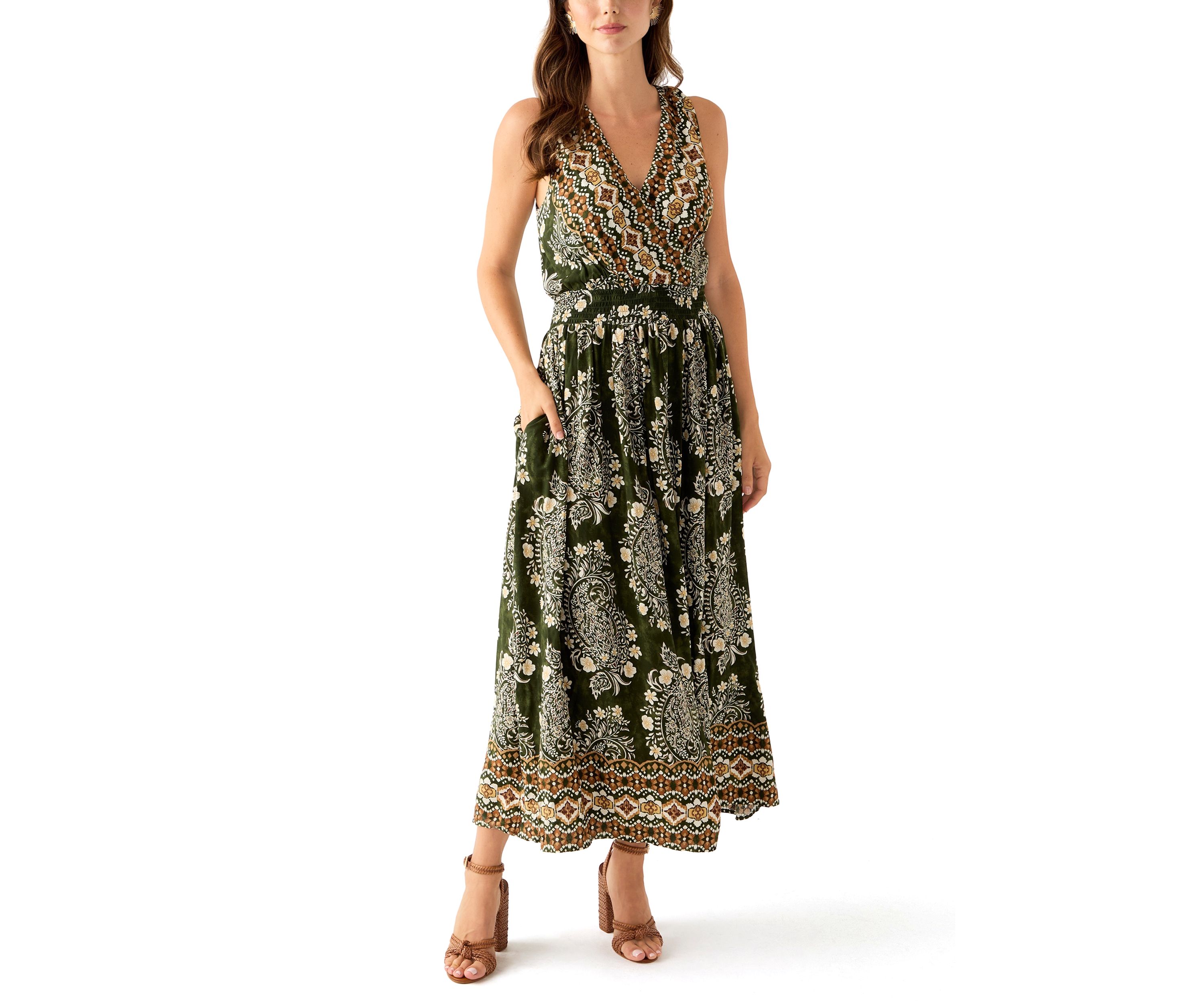 Womens Sleeveless V-Neck Paisley Print Maxi Dress