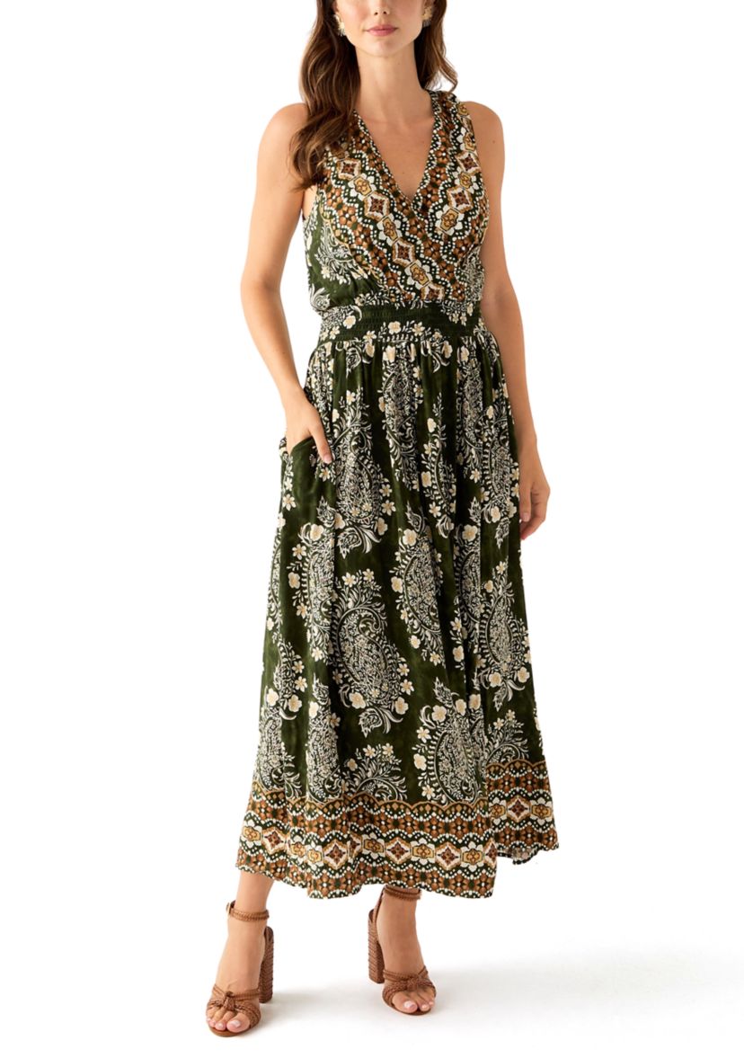 Womens Sleeveless V-Neck Paisley Print Maxi Dress
