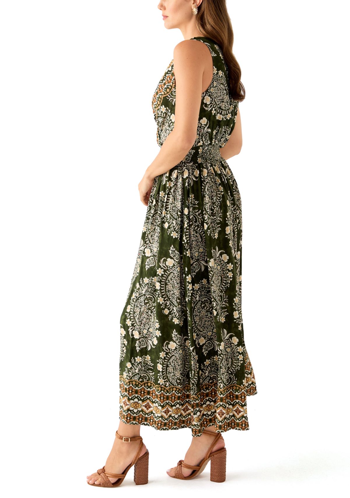 Womens Sleeveless V-Neck Paisley Print Maxi Dress