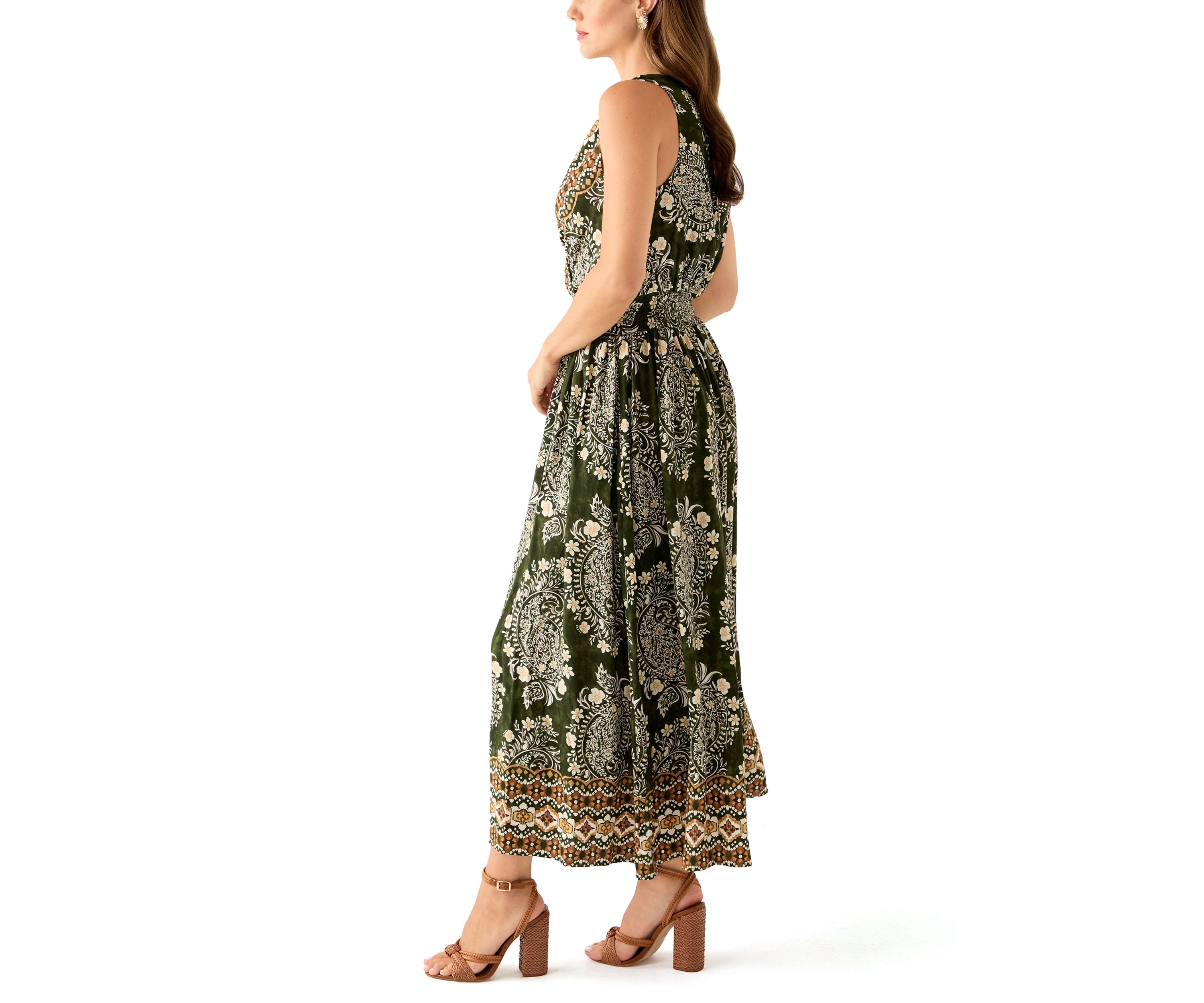Womens Sleeveless V-Neck Paisley Print Maxi Dress