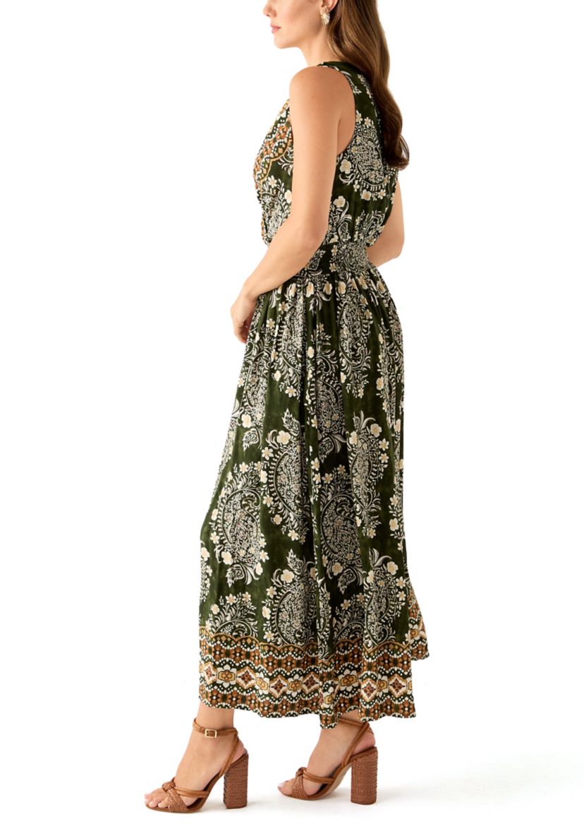 Womens Sleeveless V-Neck Paisley Print Maxi Dress
