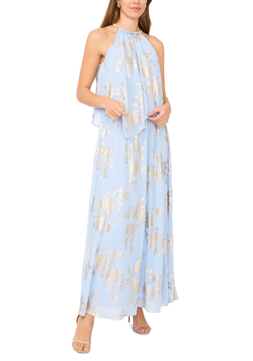 MSK Women's Sleeveless Foil Halter Gown with Necklace, 10