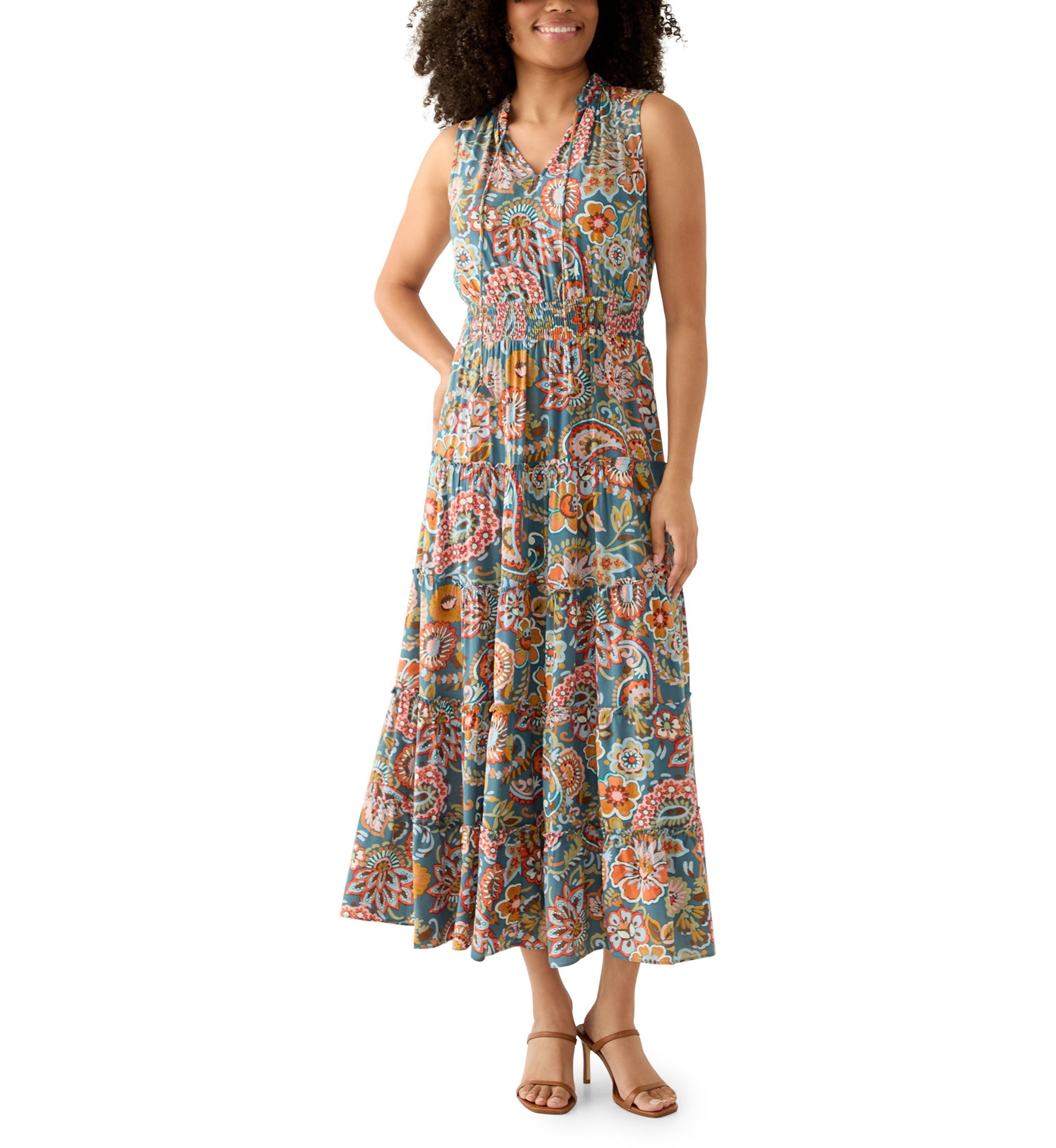 Womens Sleeveless Tie Neck Tiered Maxi Dress