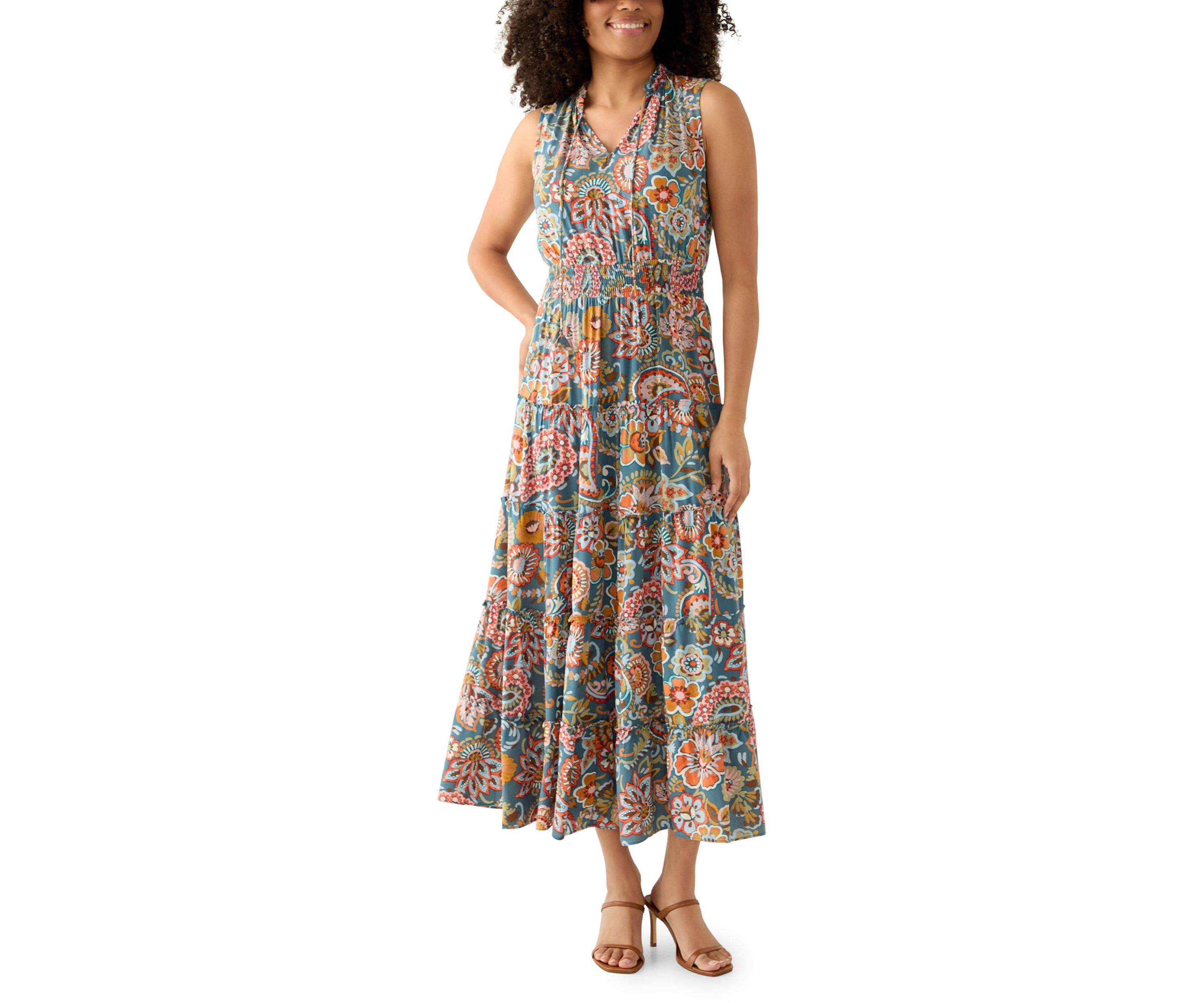 Womens Sleeveless Tie Neck Tiered Maxi Dress